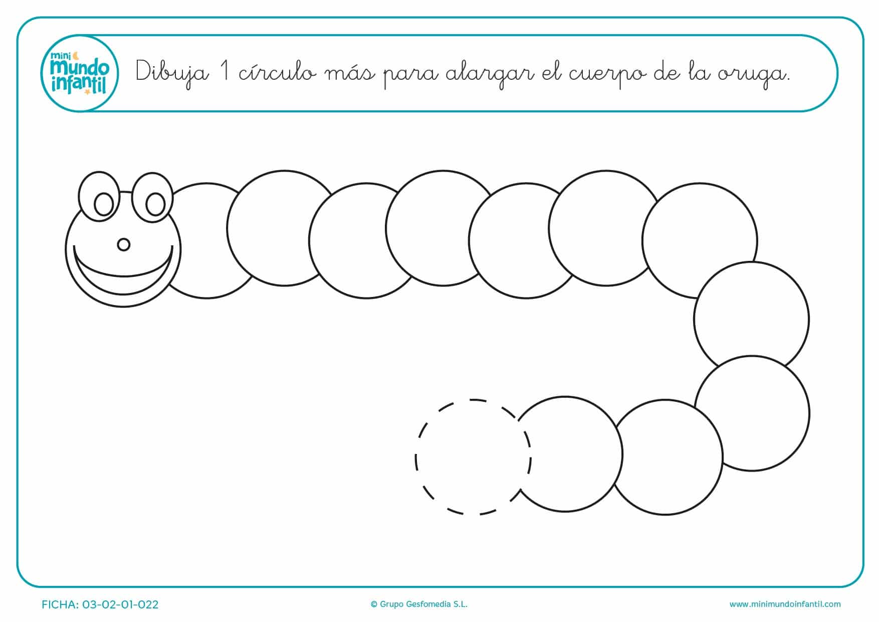 Sigue el cuerpo de la oruga con 1 círculo más para niños