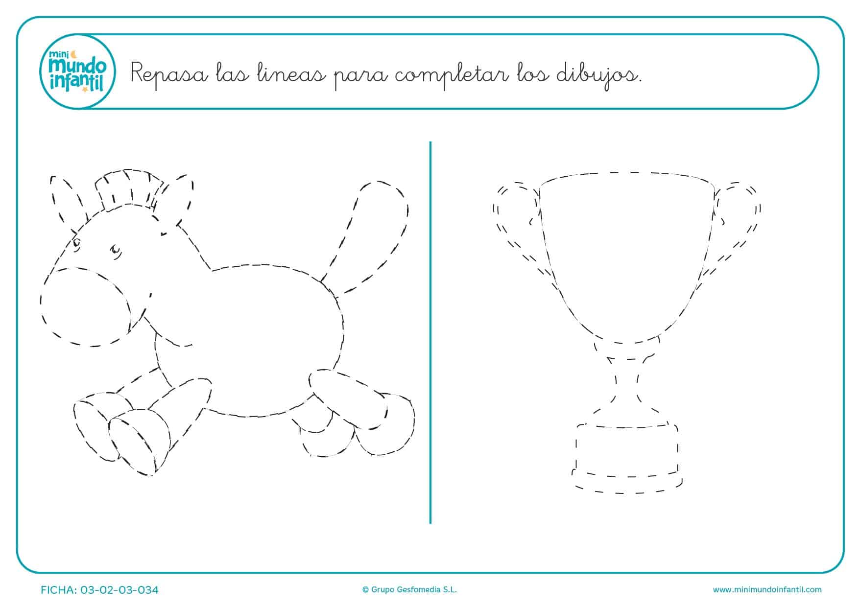 Seguir el trazado de los dibujos del caballo y la copa para completar