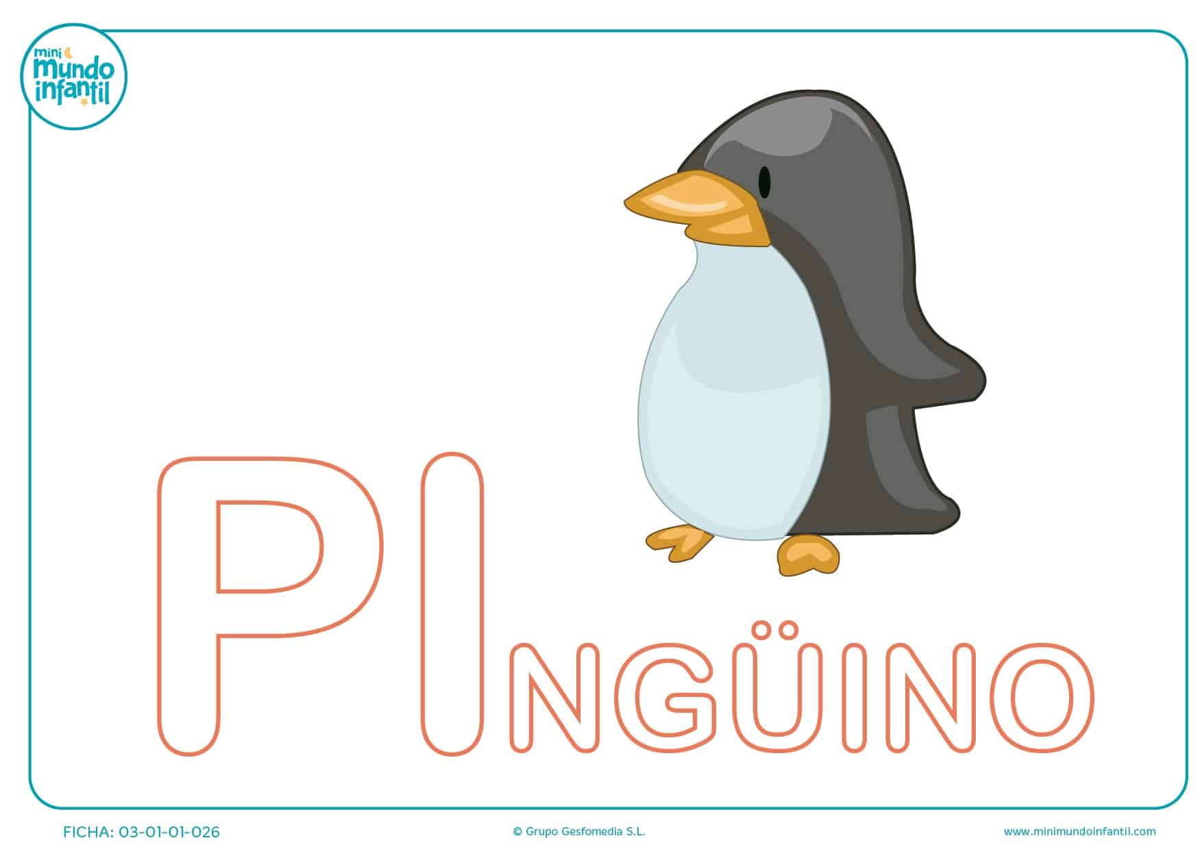 Sílaba PI mayúscula de pingüino para pintar