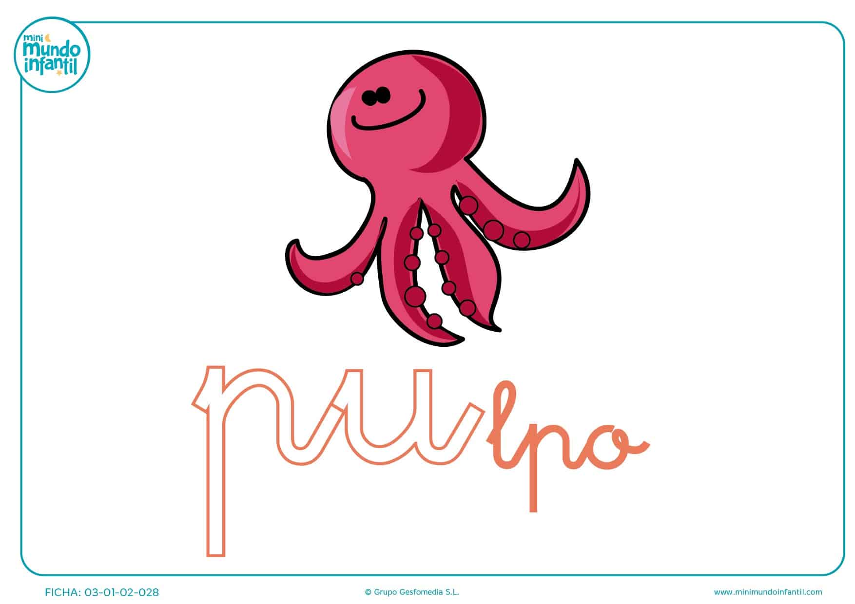Pintar sílaba PU minúscula de pulpo