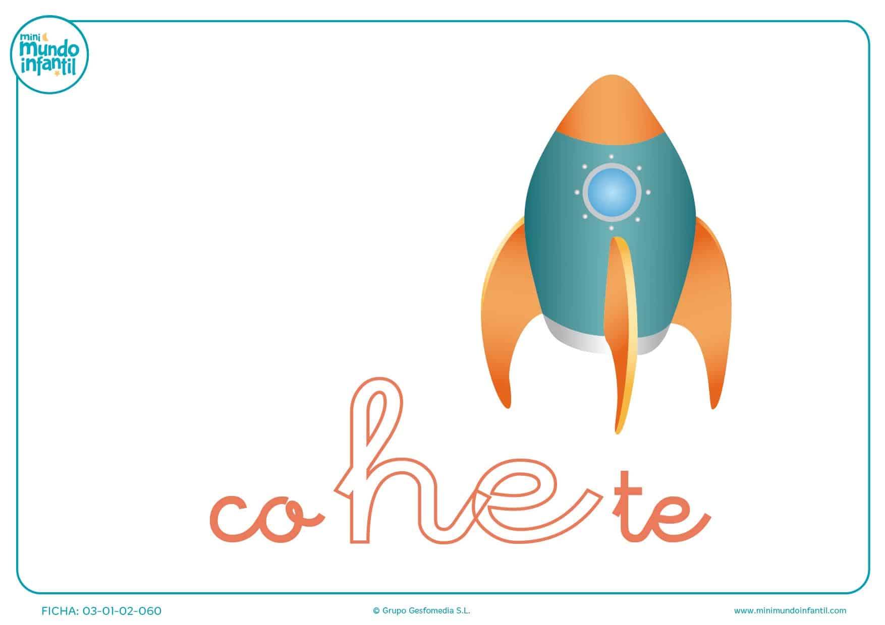 Pinta la sílaba HE minúscula de cohete