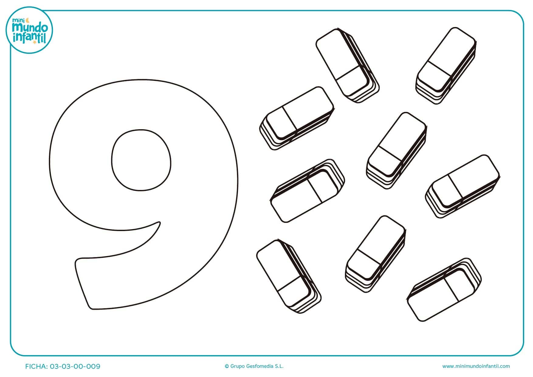 Estudiar y colorear el número 9 de gomas de borrar