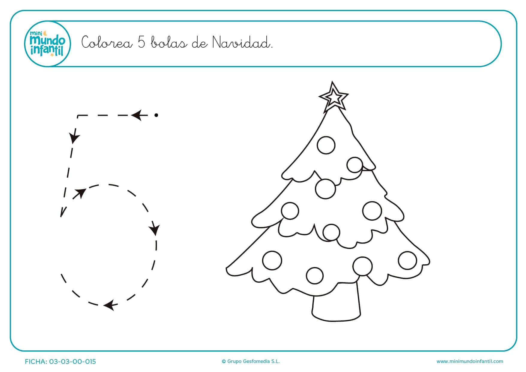 Continuar el trazado y colorear 5 bolas de Navidad