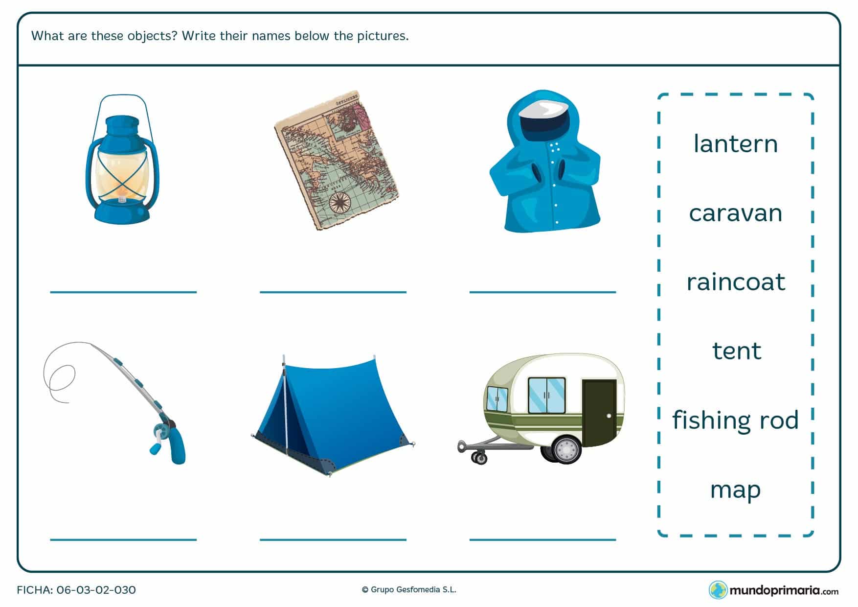 Ficha en la cual los niños deben escribir el nombre de cada objeto en inglés sobre camping.