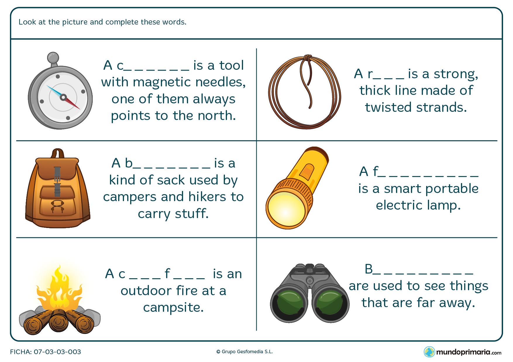Ficha para completar los huecos de las definiciones de vocabulario de campamento en inglés.