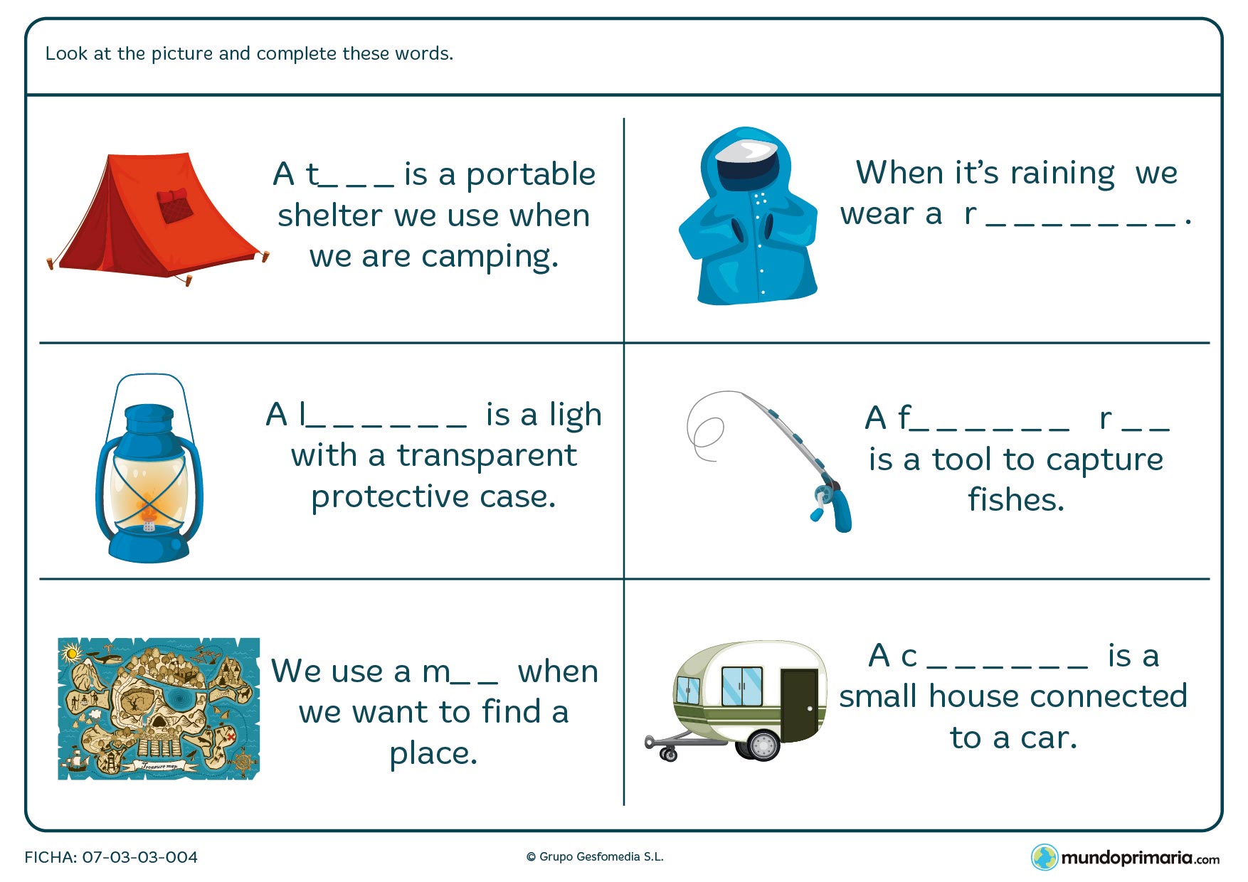 Ficha para completar los huecos en blanco y crear palabras de vocabulario de campamento.
