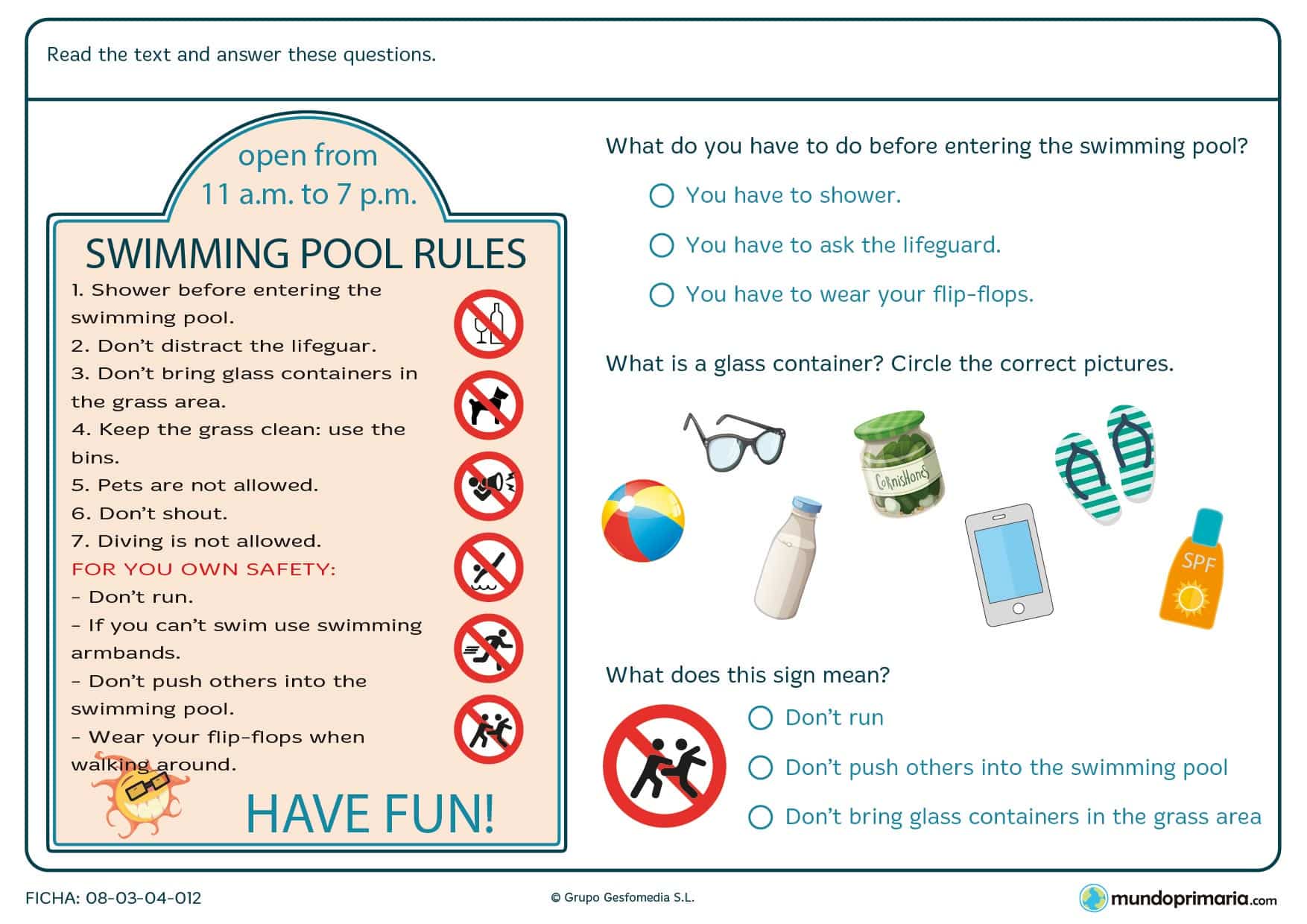 Cartel con una lista de reglas que hay que cumplir en una piscina y una serie de preguntas para comprobar la comprensión de las reglas.