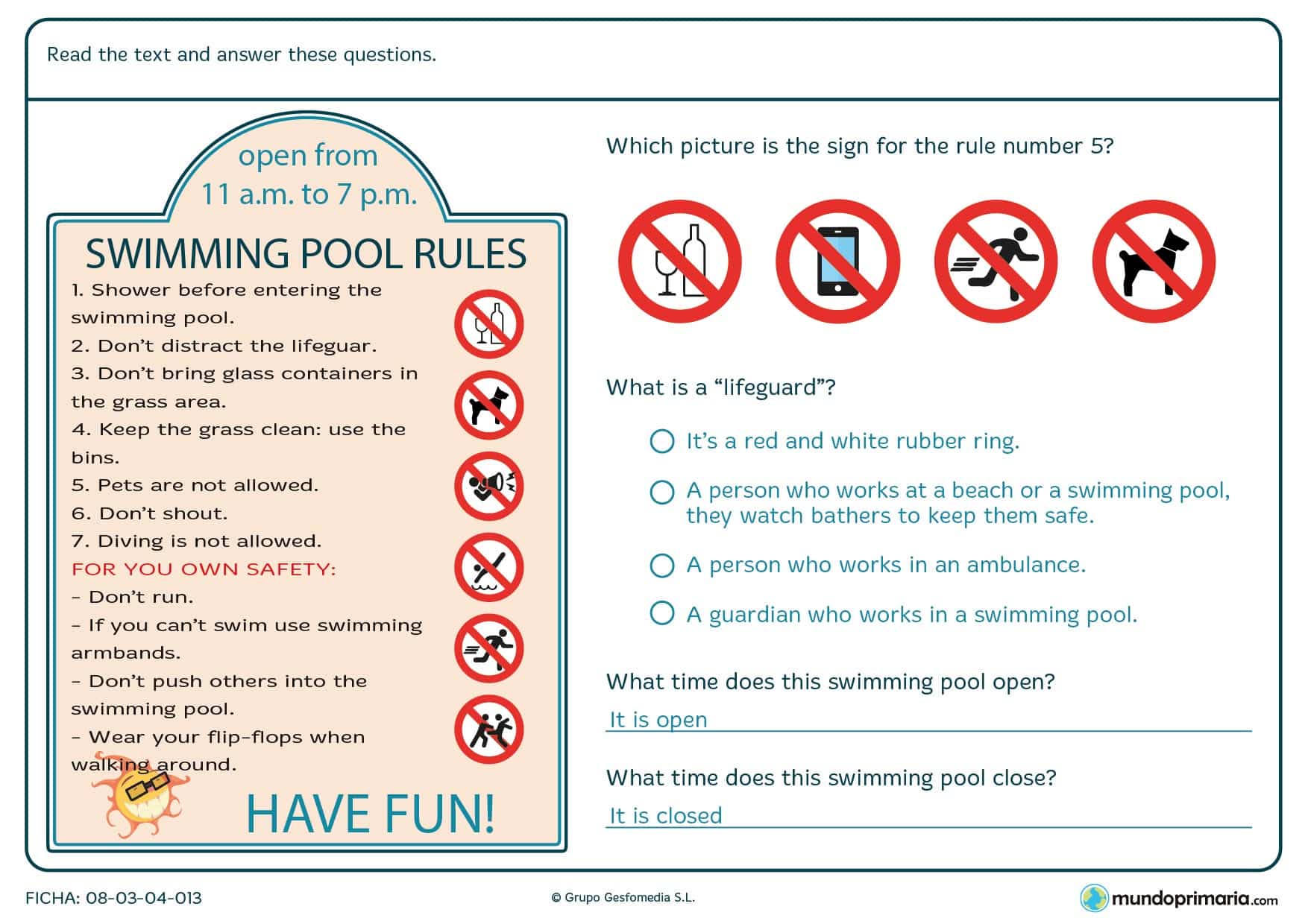 Preguntas sobre las normas de la piscina con un cartel con las reglas.