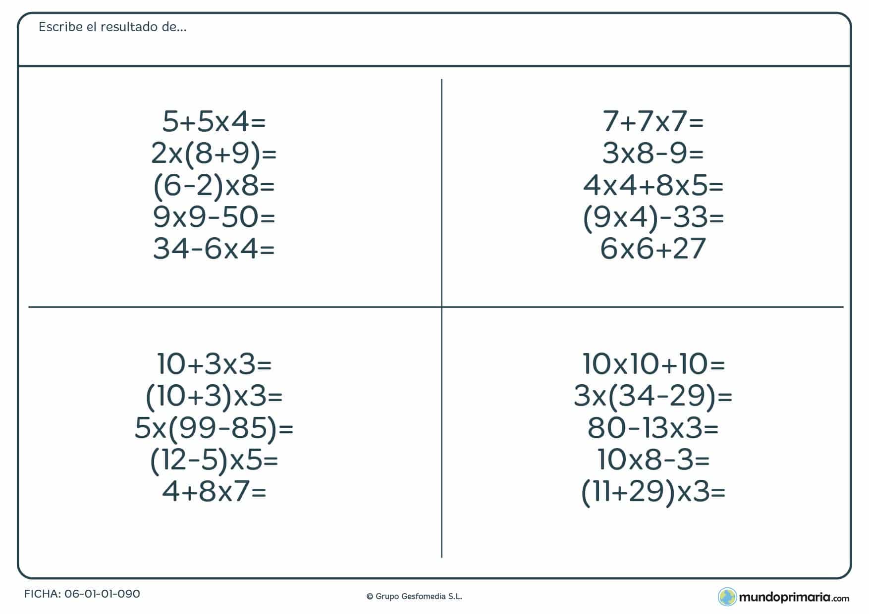 Actividad con sumas, multiplicaciones y restas para solucionar fáciles