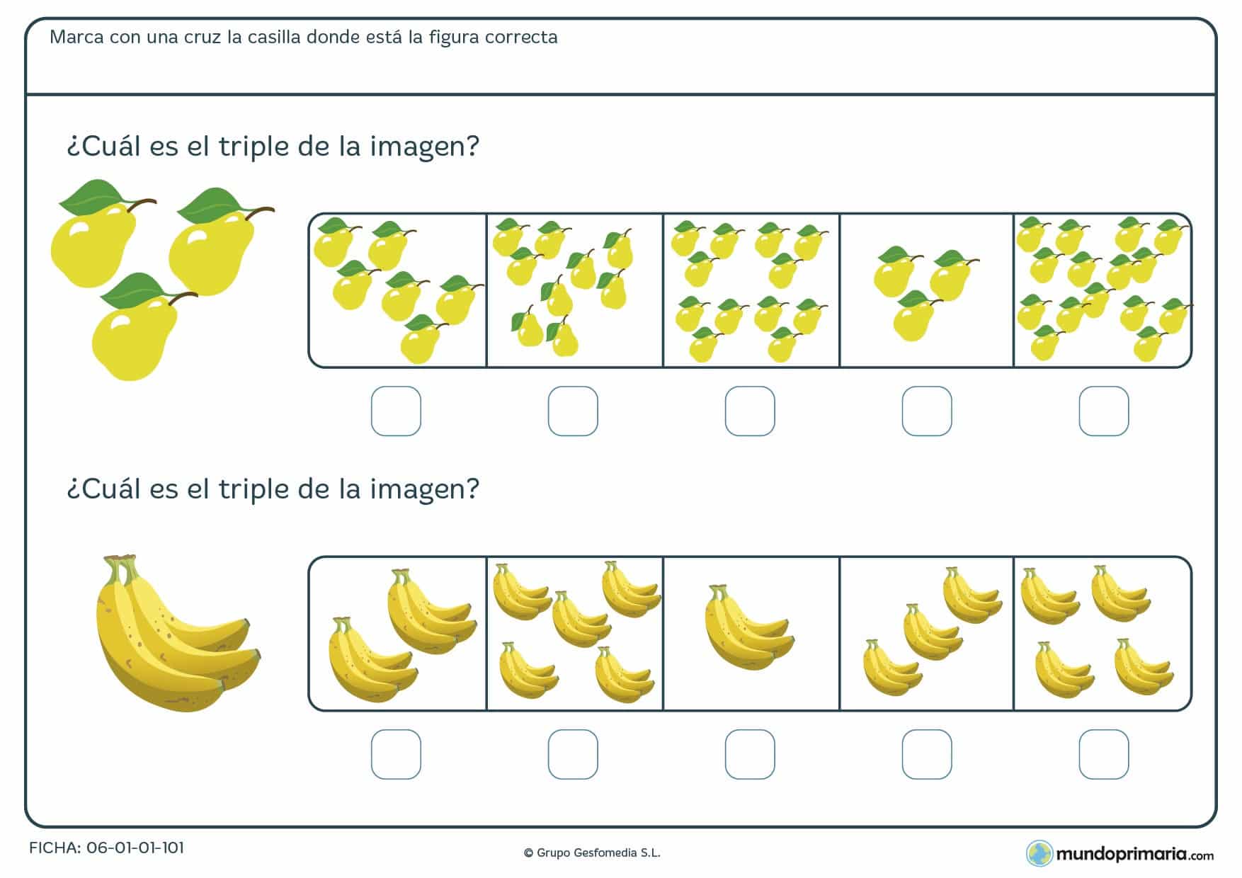 Calcular el triple de la imagen de peras y plátanos para primaria