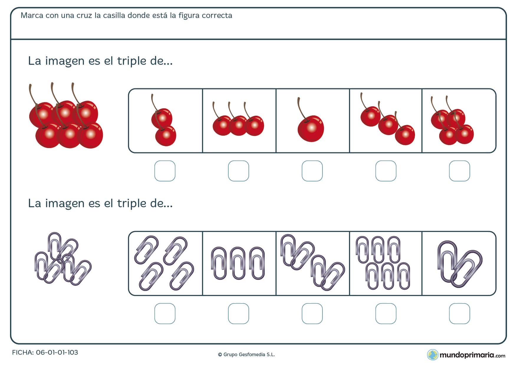 Cerezas y clips para calcular el triple de cada una de ellas