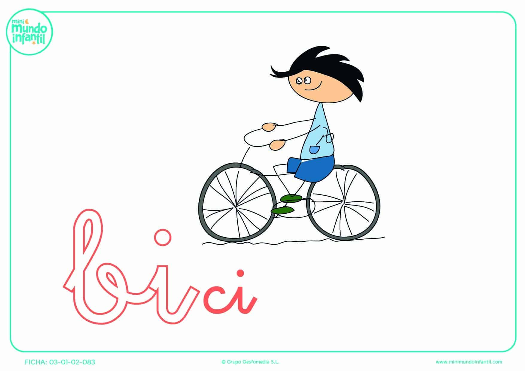 Pintar la sílaba BI minúscula de bici