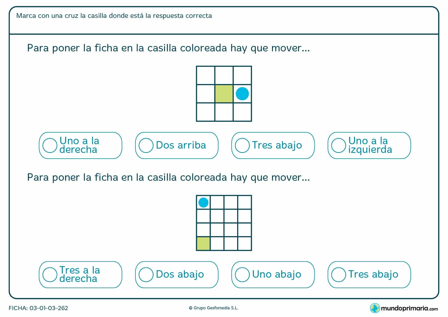 ¿En qué posición y cuántas de ellas hay que trasladar el objeto azul para que llegue a la parte sombreada?