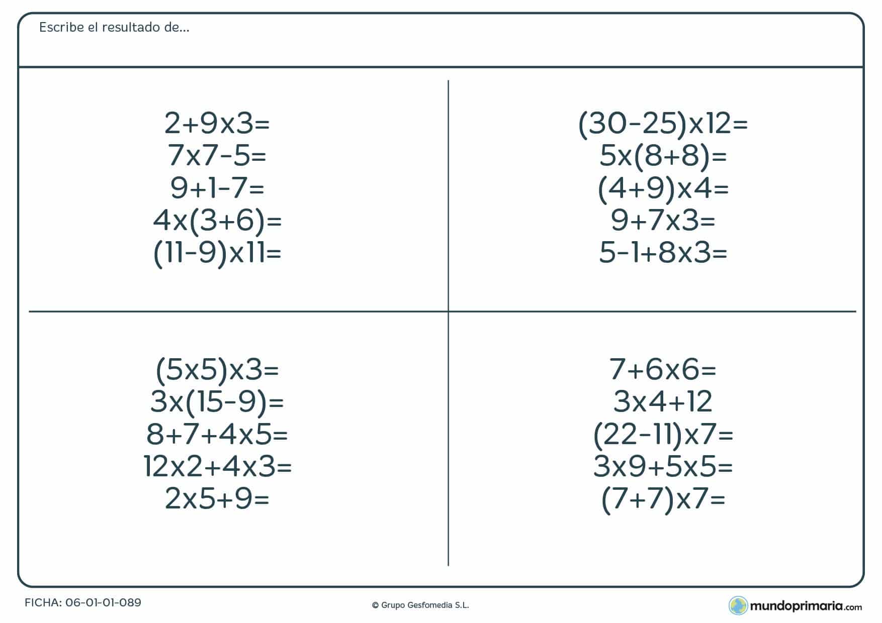 Ficha para cuarto de resolver funciones básicas con lápiz