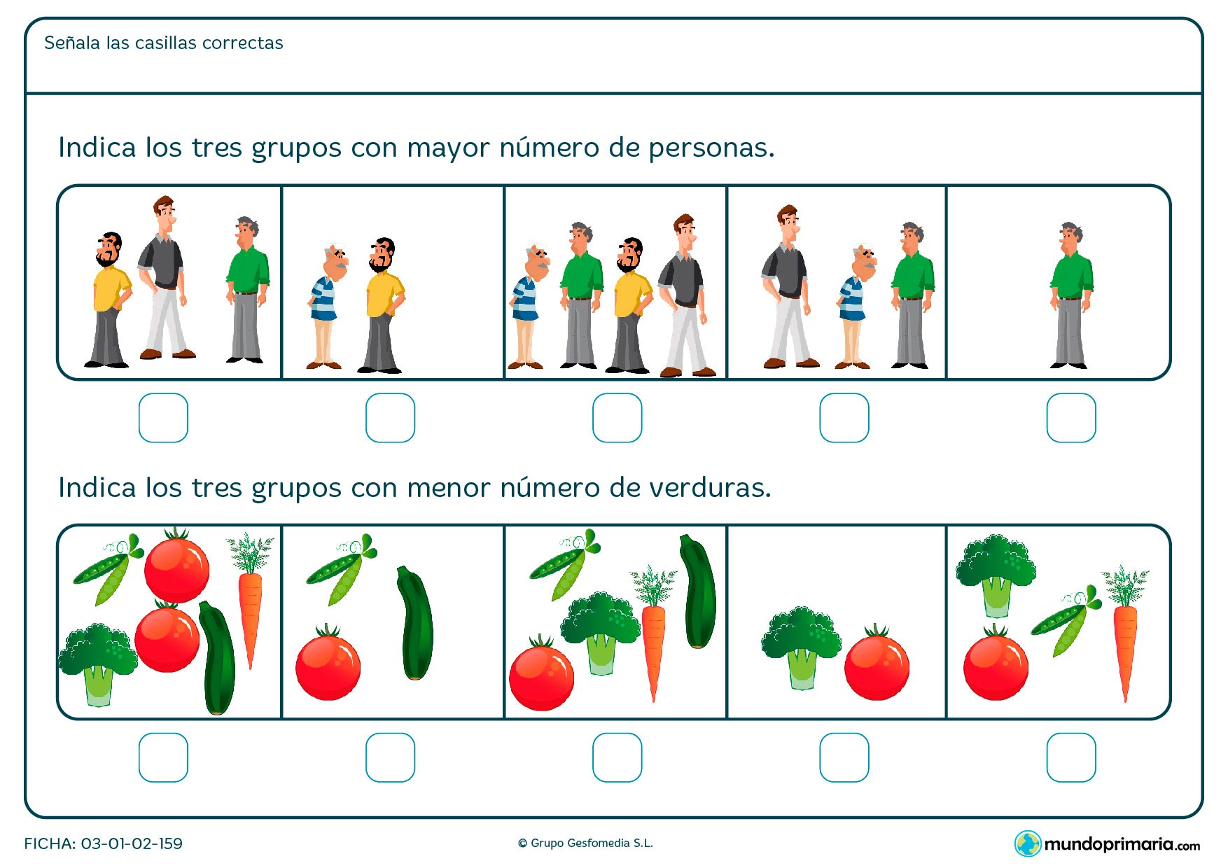 ¿En qué imagen hay más personas? ¿Y en cuál hay menos verduras? Responde marcando con una cruz.
