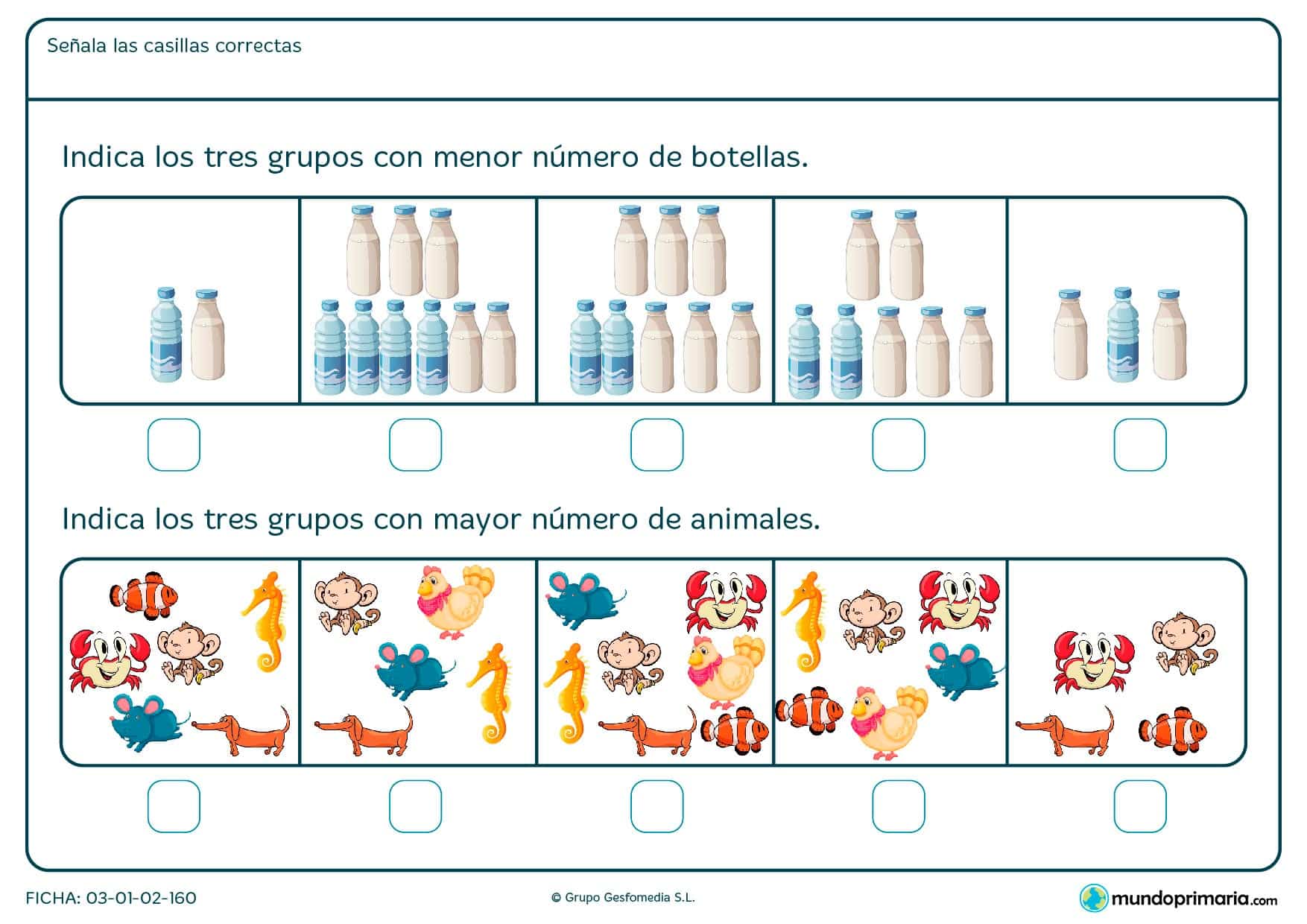 ¿En qué grupo de imágenes hay menos botellas? ¿Y en cuál de ellos hay más animales? Fíjate bien y responde con una cruz.
