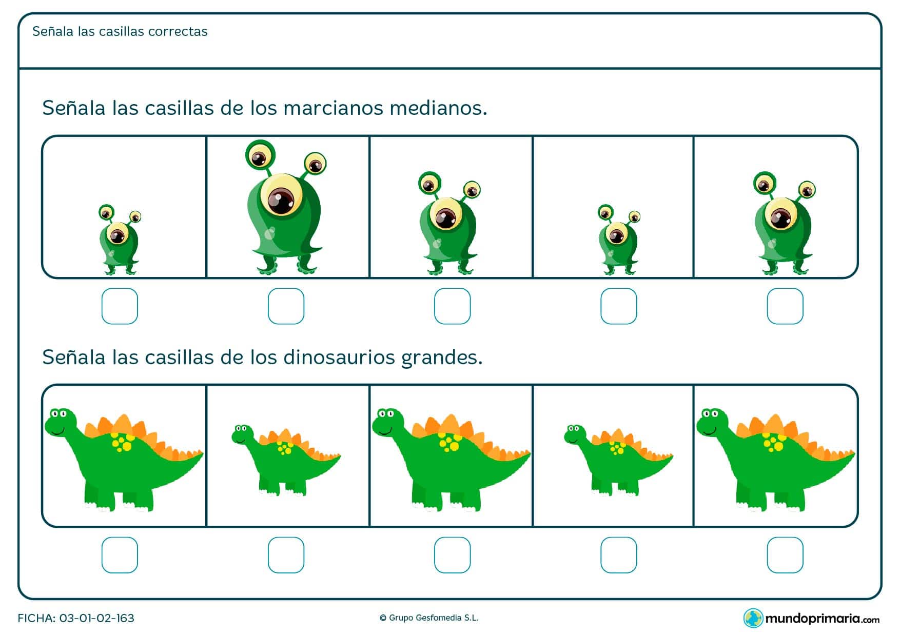 ¿Cuántos marcianos hay medianos? ¿Y cuántos dinosaurios grandes hay? Identifícalos, compara y marca las respuestas.