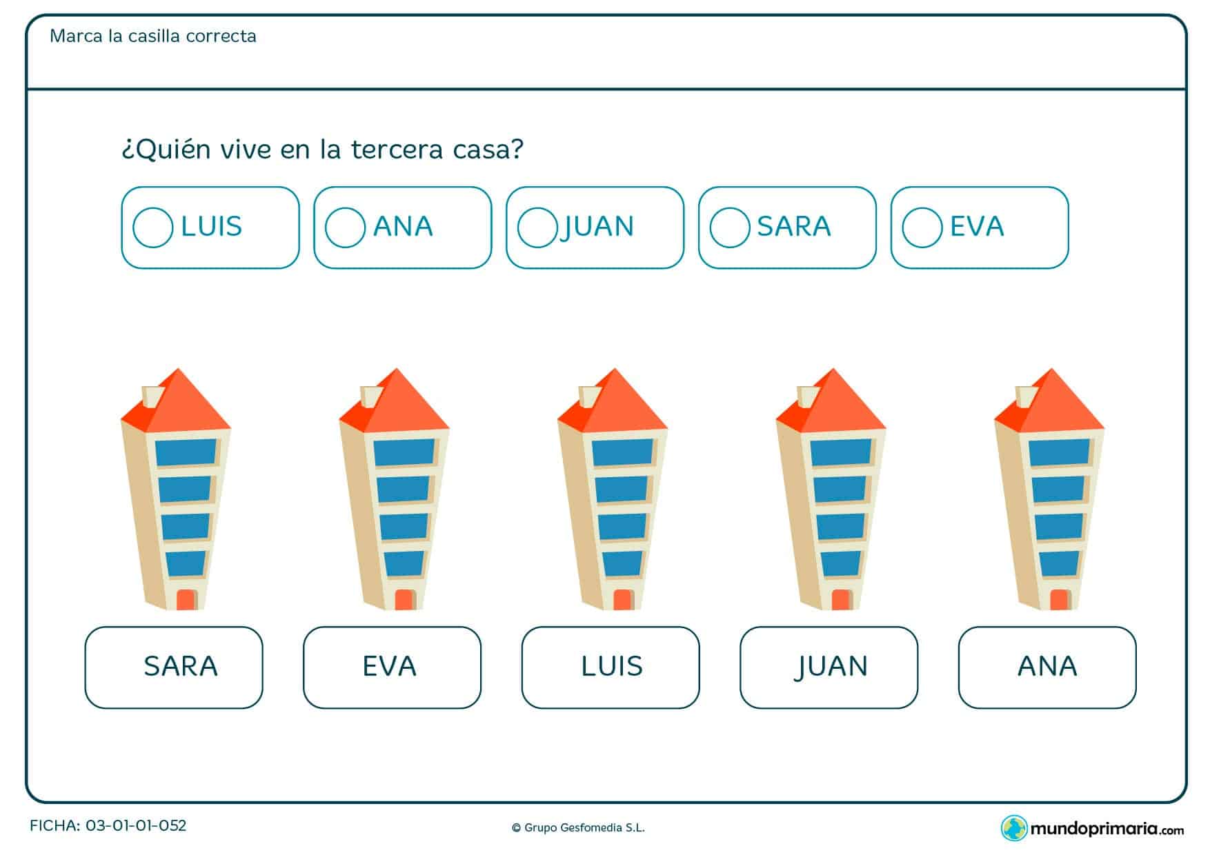 Identifica el nombre de la persona que habita en el tercer edificio de la comunidad.