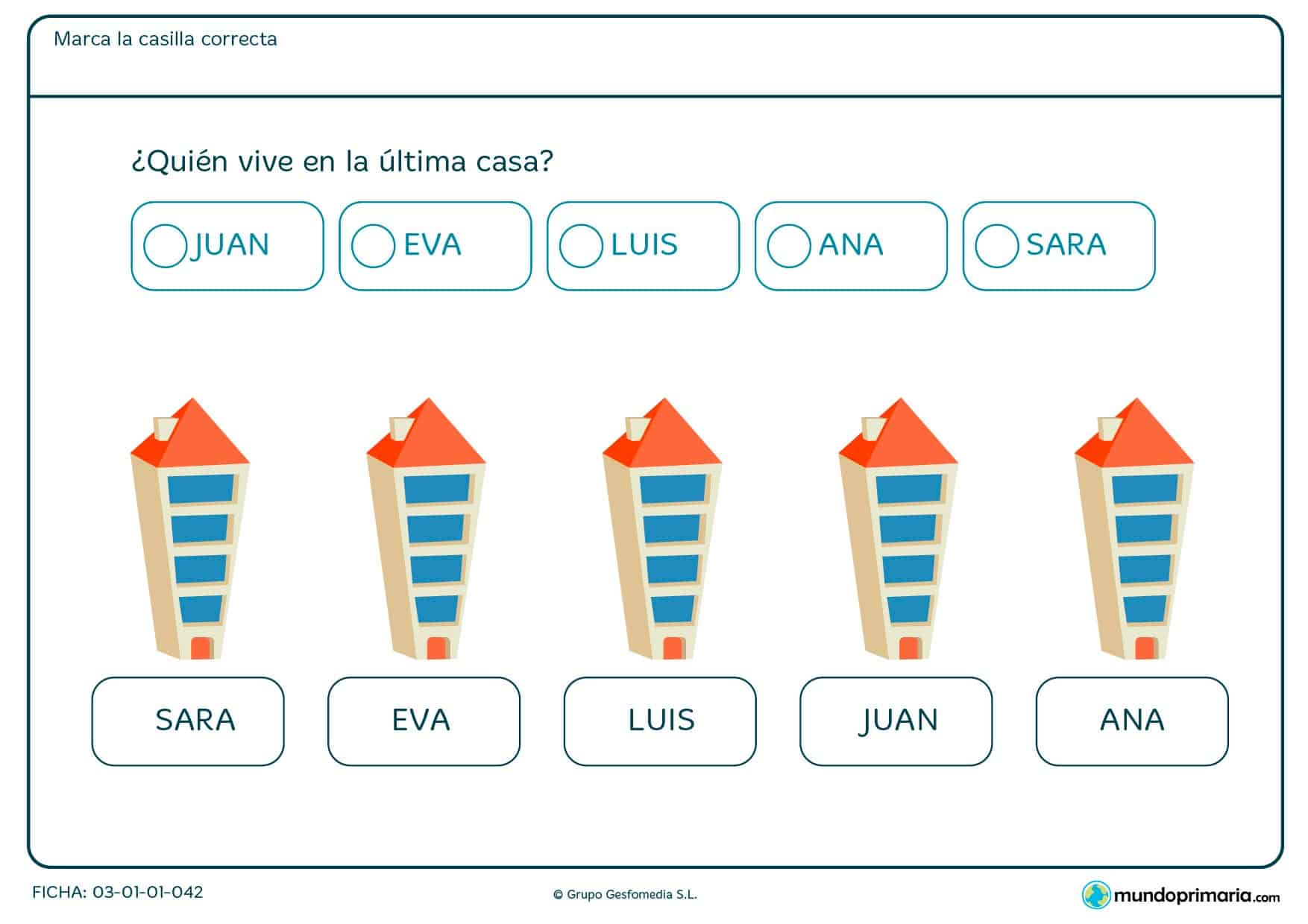 Observa los nombres de los propietarios que vienen en la parte inferior de los edificios para señalar después al habitante del enunciado.