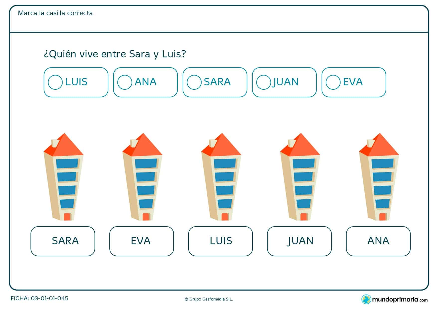 Pon atención a los nombres de las personas que viven en esta pequeña comunidad de edificios y señala quién de ellos es el que vive entre Sara y Luis.