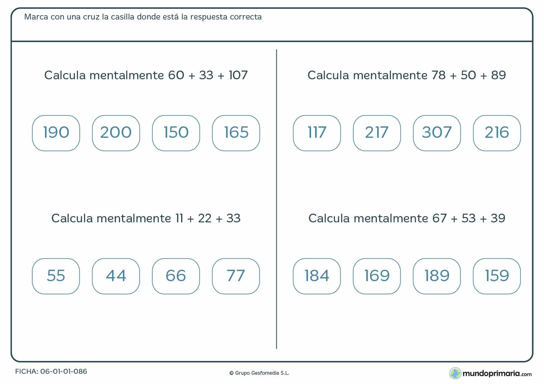 Sumas de tres números con cuatro soluciones a elegir una de ellas