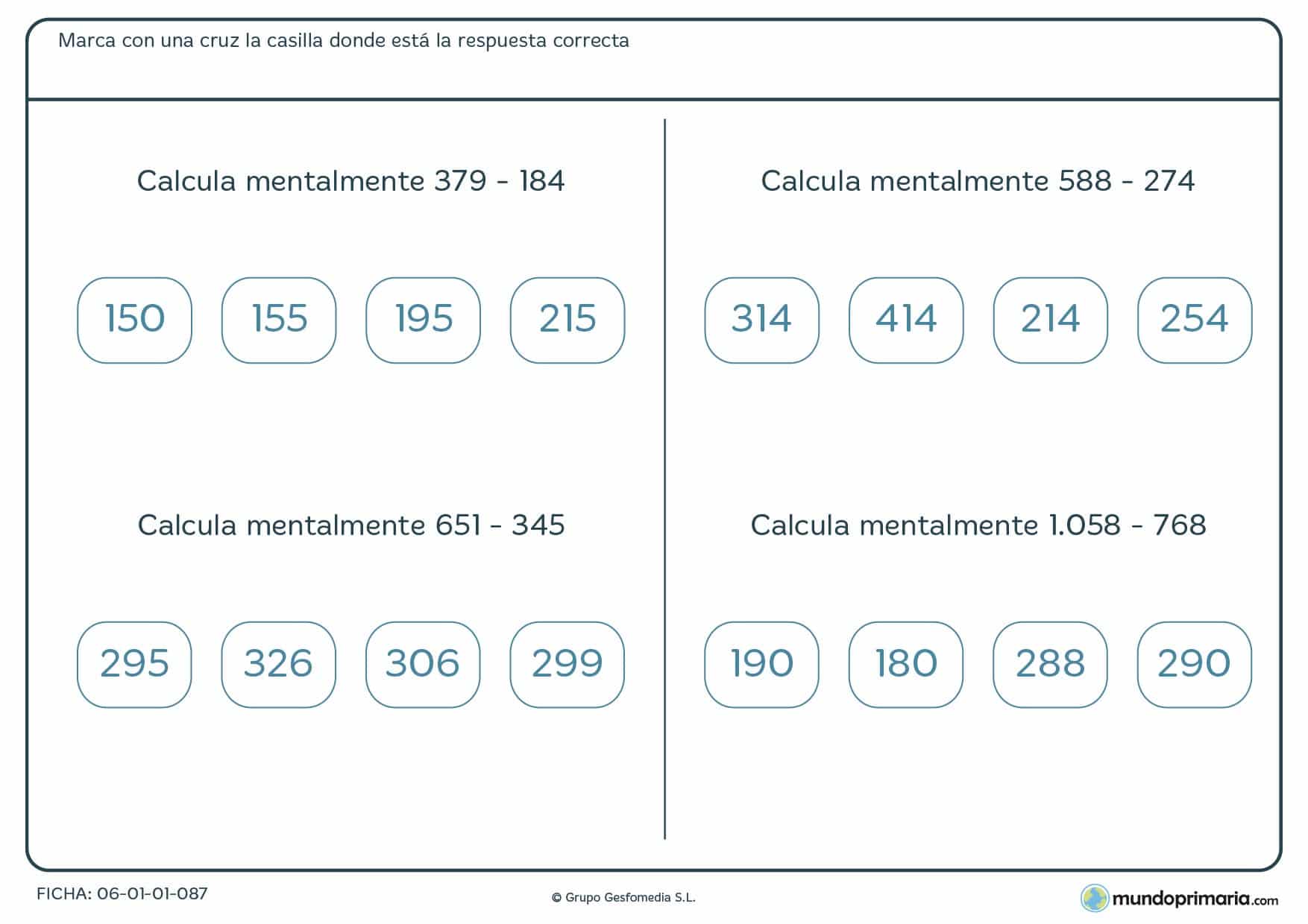 Restar números de tres y cuatro dígitos con la mente para primaria