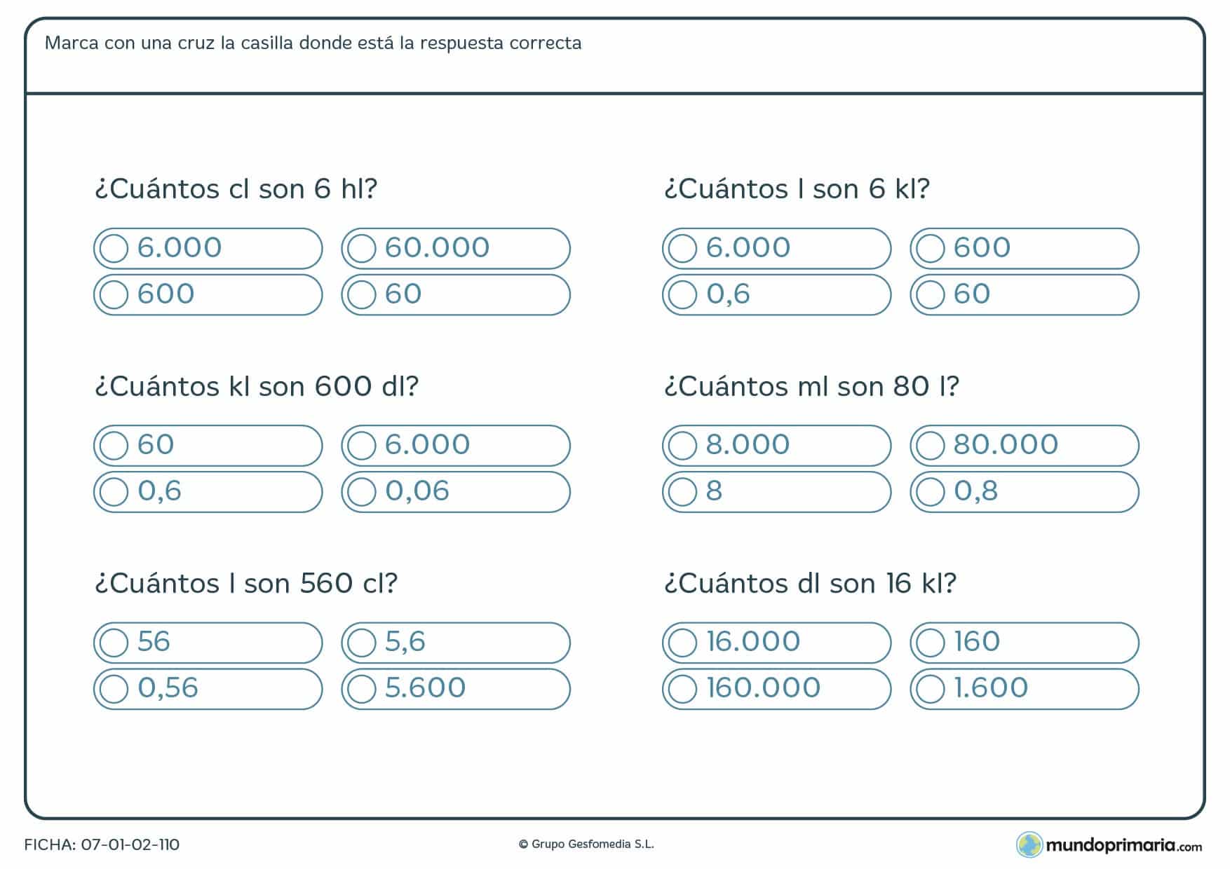 Ficha de pasar diferentes magnitudes de medida a otras para Primaria