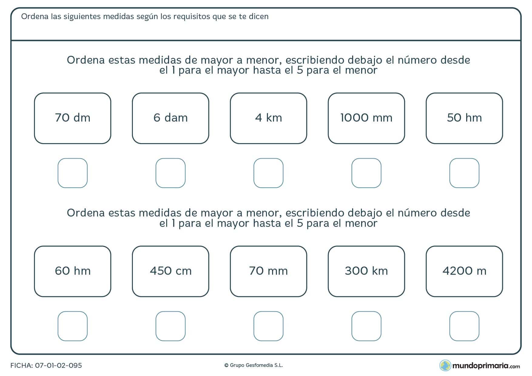 Ficha de ordenar las medidas de mayor a menor para los niños de 5º