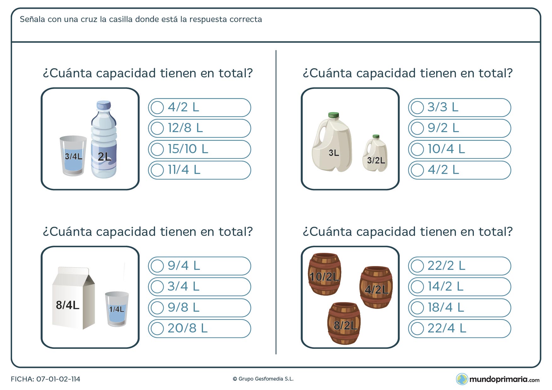 Ficha de sumar unidades de capacidad representadas en los dibujos