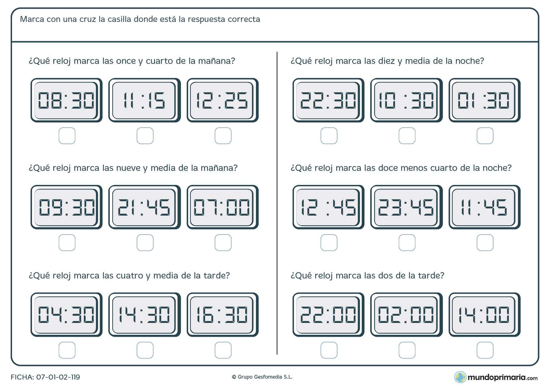 Ficha de responder a preguntas sobre horas y minutos para 5º Primaria