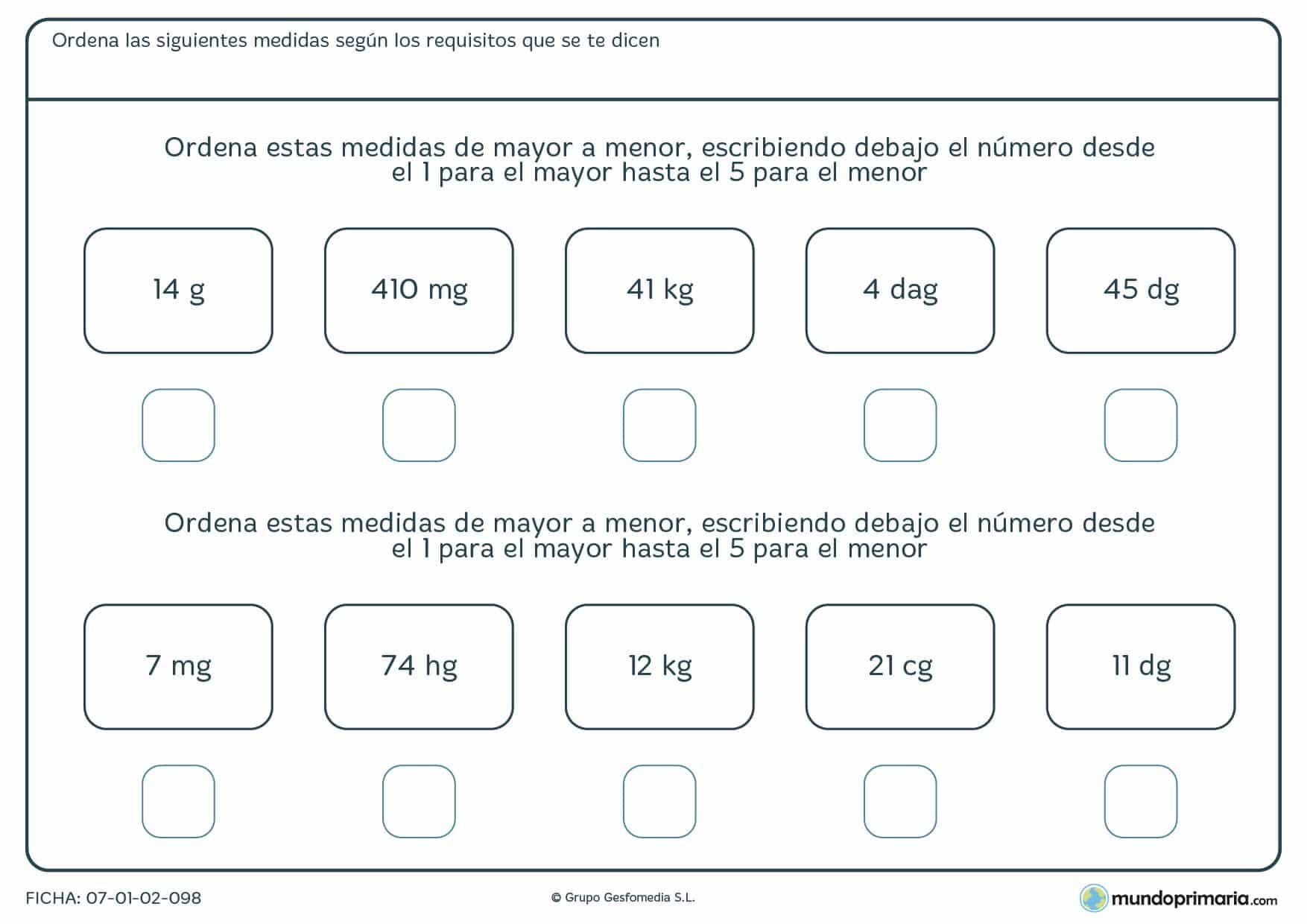 Ficha de clasificar las magnitudes de masa para alumnos de 5º curso