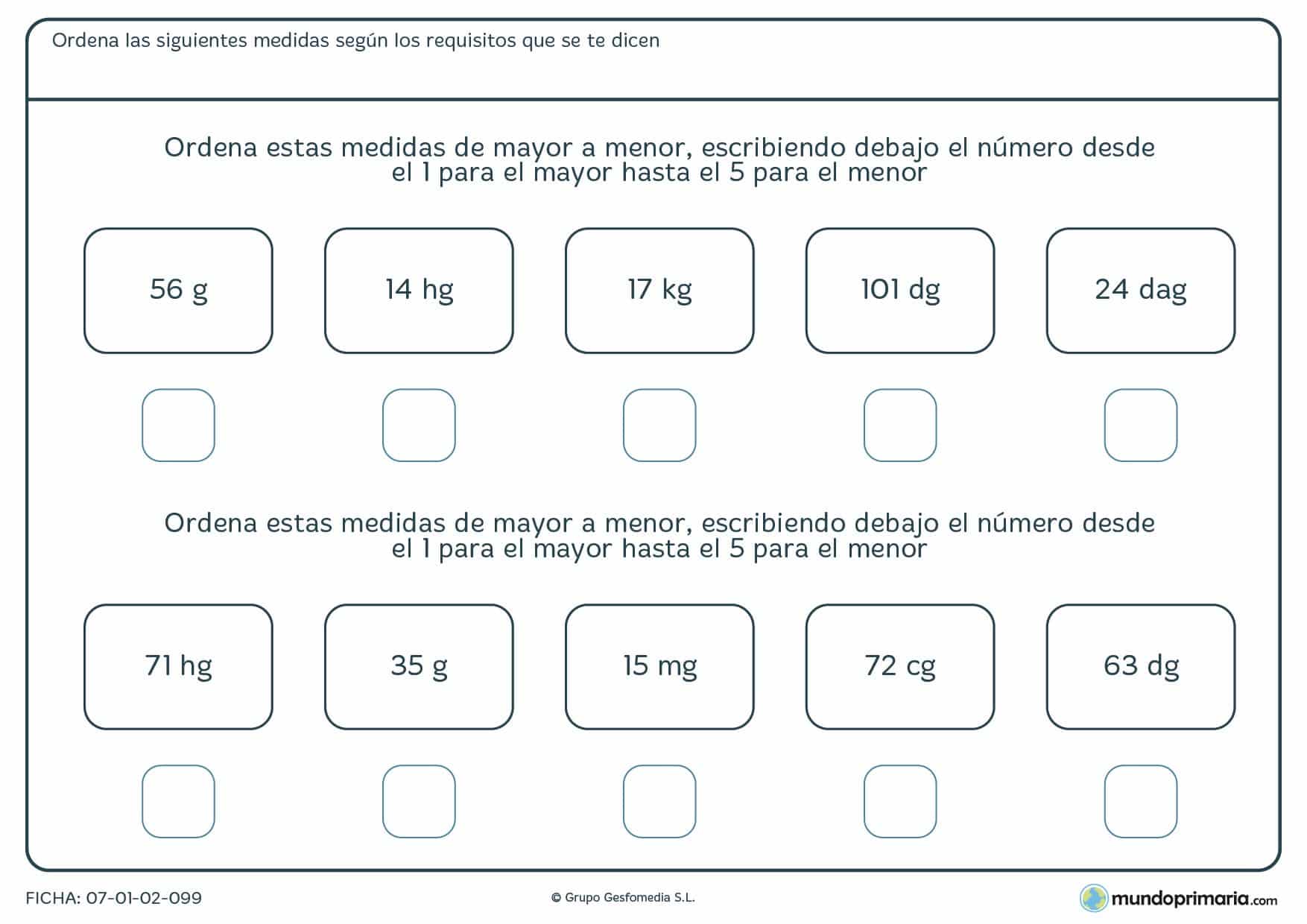 Ficha en la que hay que organizar de más a menos peso para Primaria