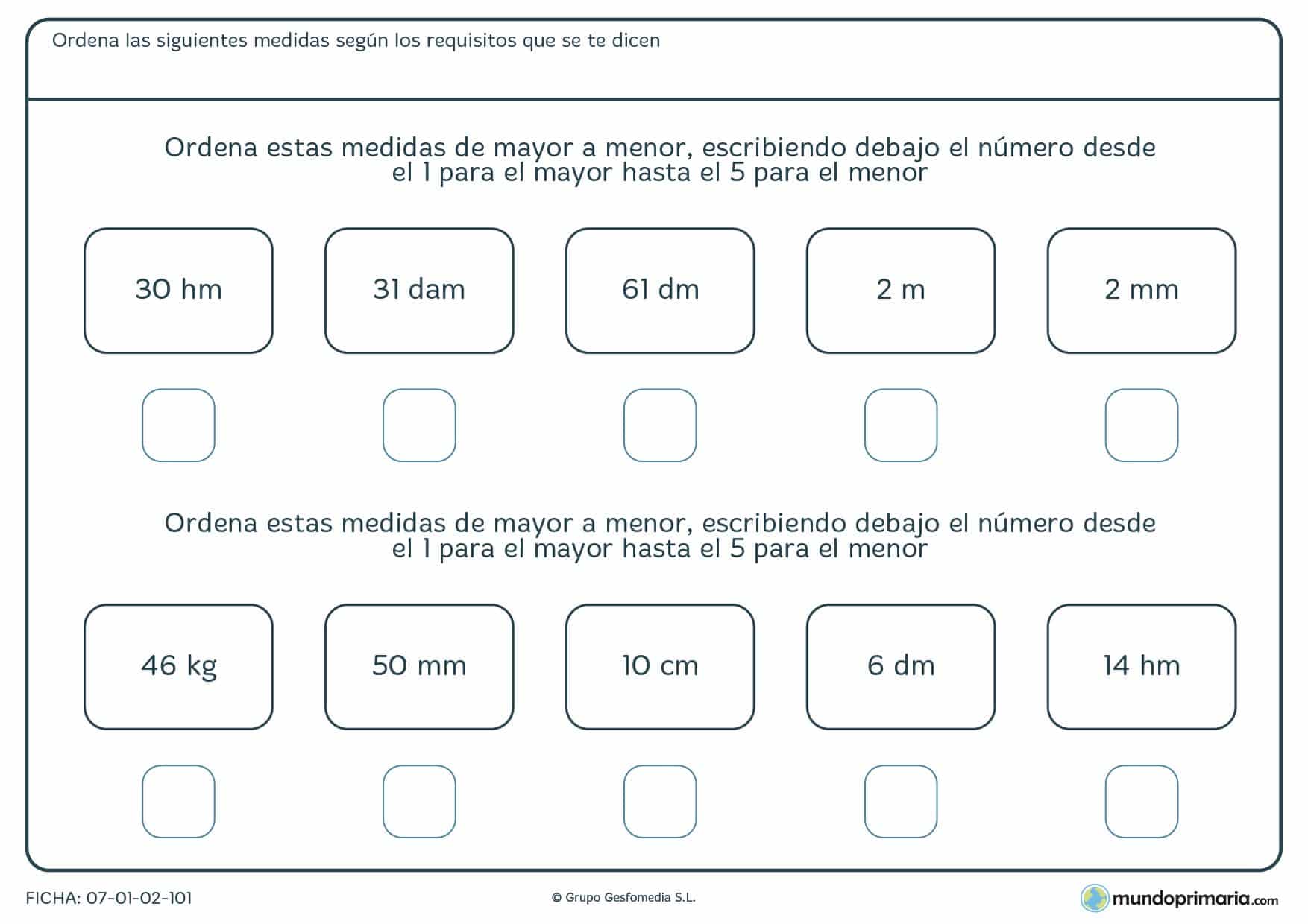 Ficha de estructurar magnitudes en relación a su peso para 5º Primaria