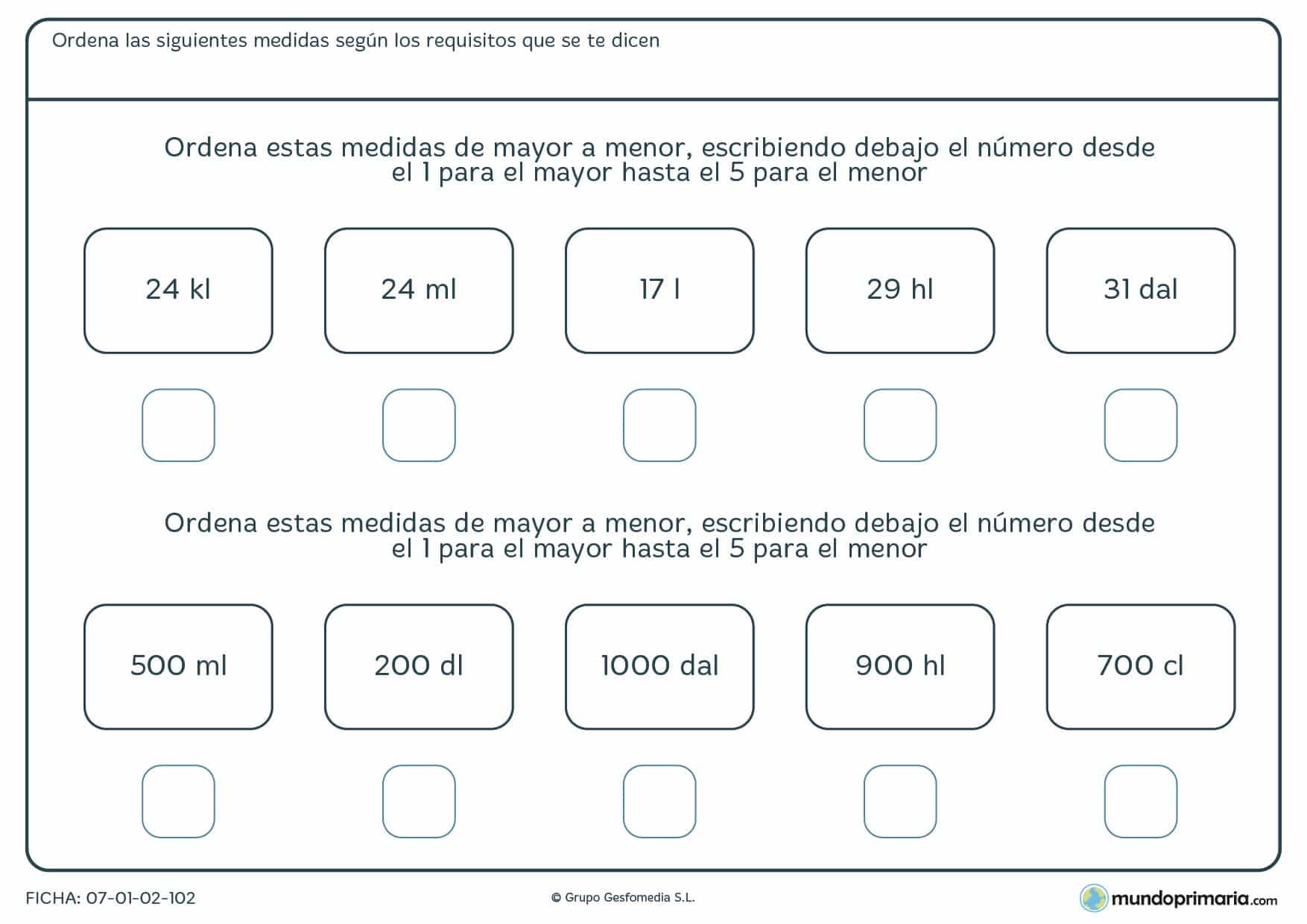 Ficha en la que hay que clasificar litros y sus diferentes unidades