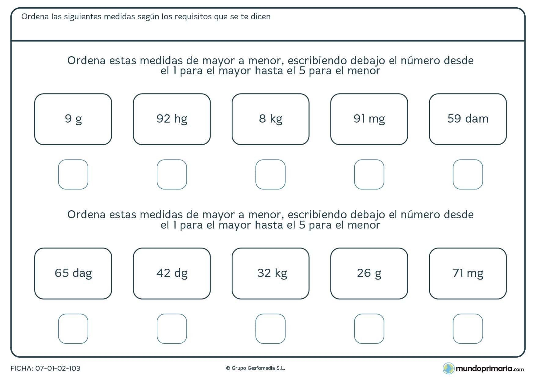 Ficha de asignar números de más a menos ordenando las unidades de masa