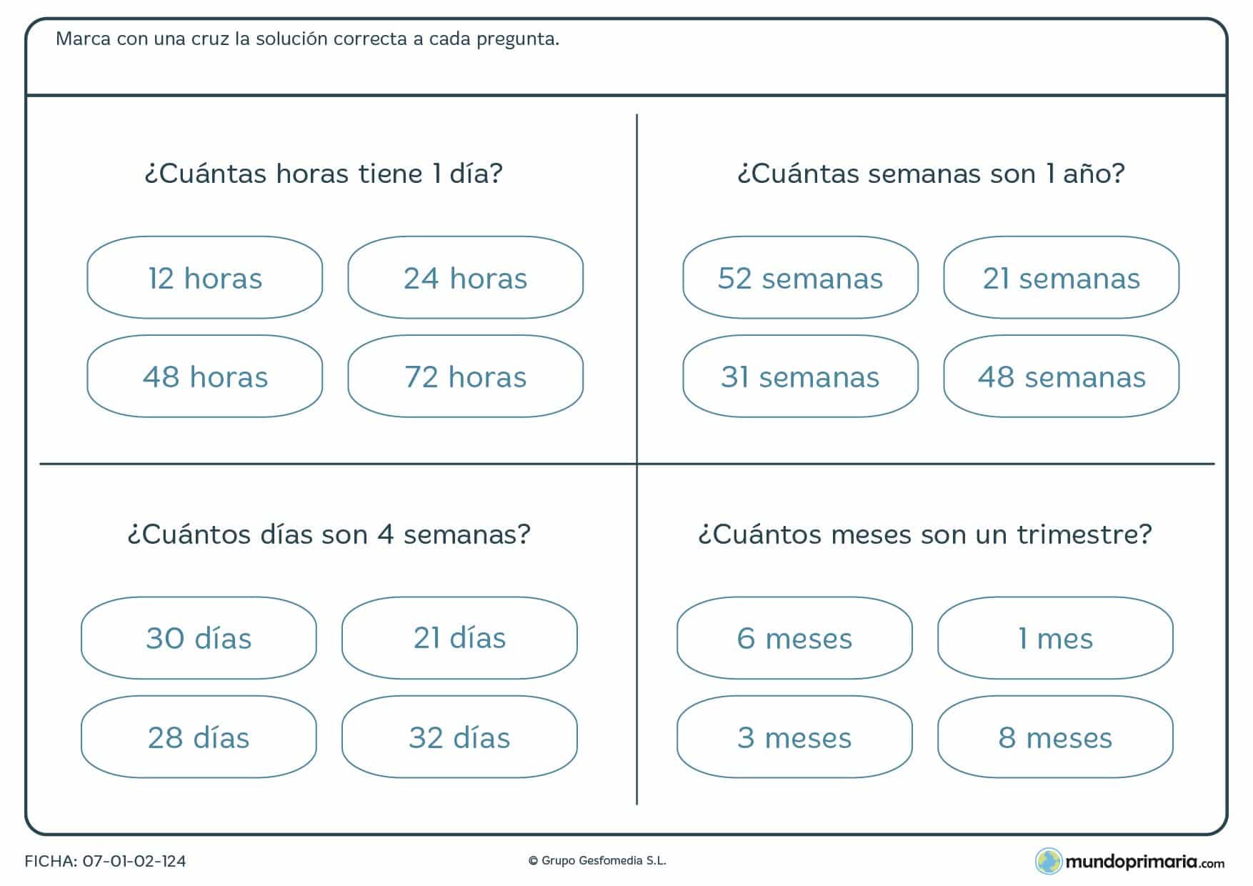 Ficha de composición de días, semanas, trimiestre y años para Primaria