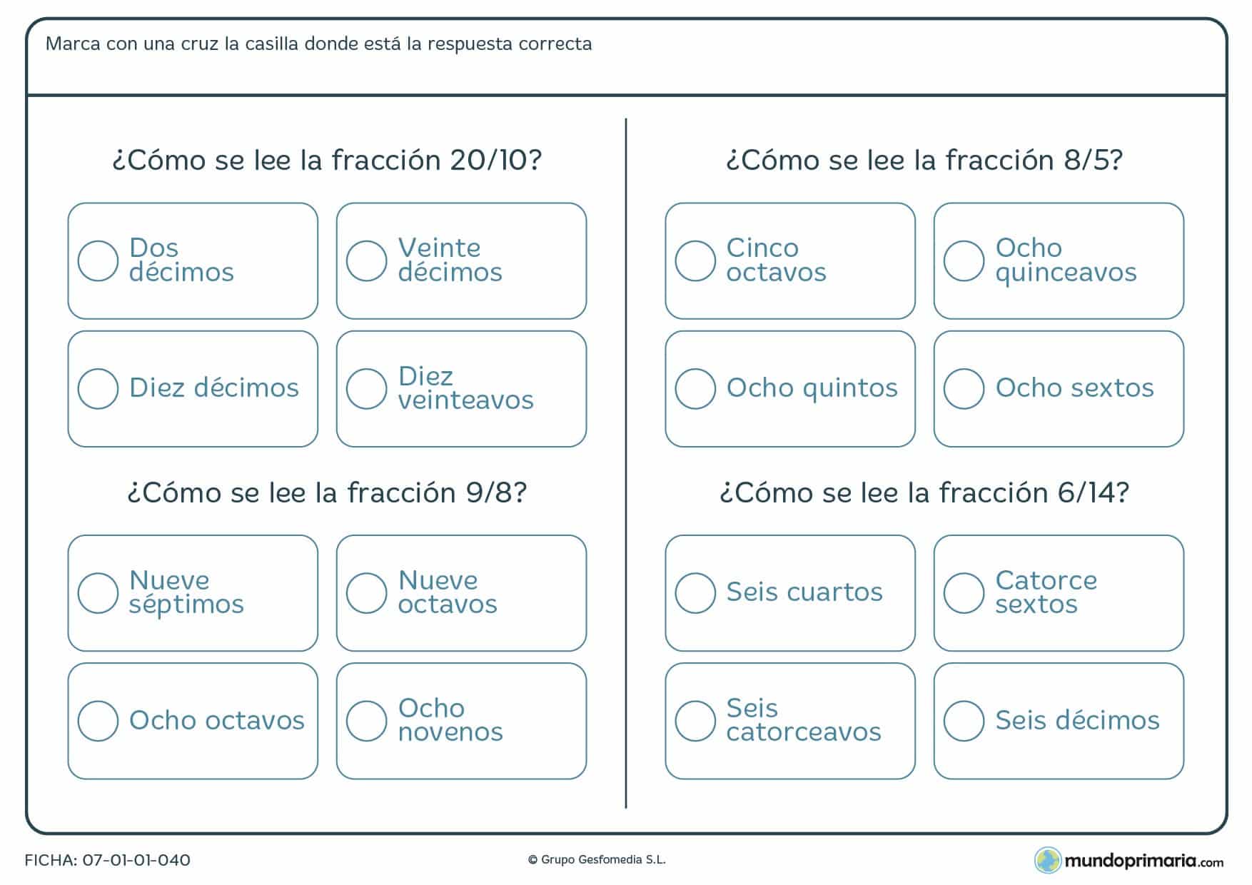 Ficha para que los niños aprendan a leer fracciones en 5º de Primaria