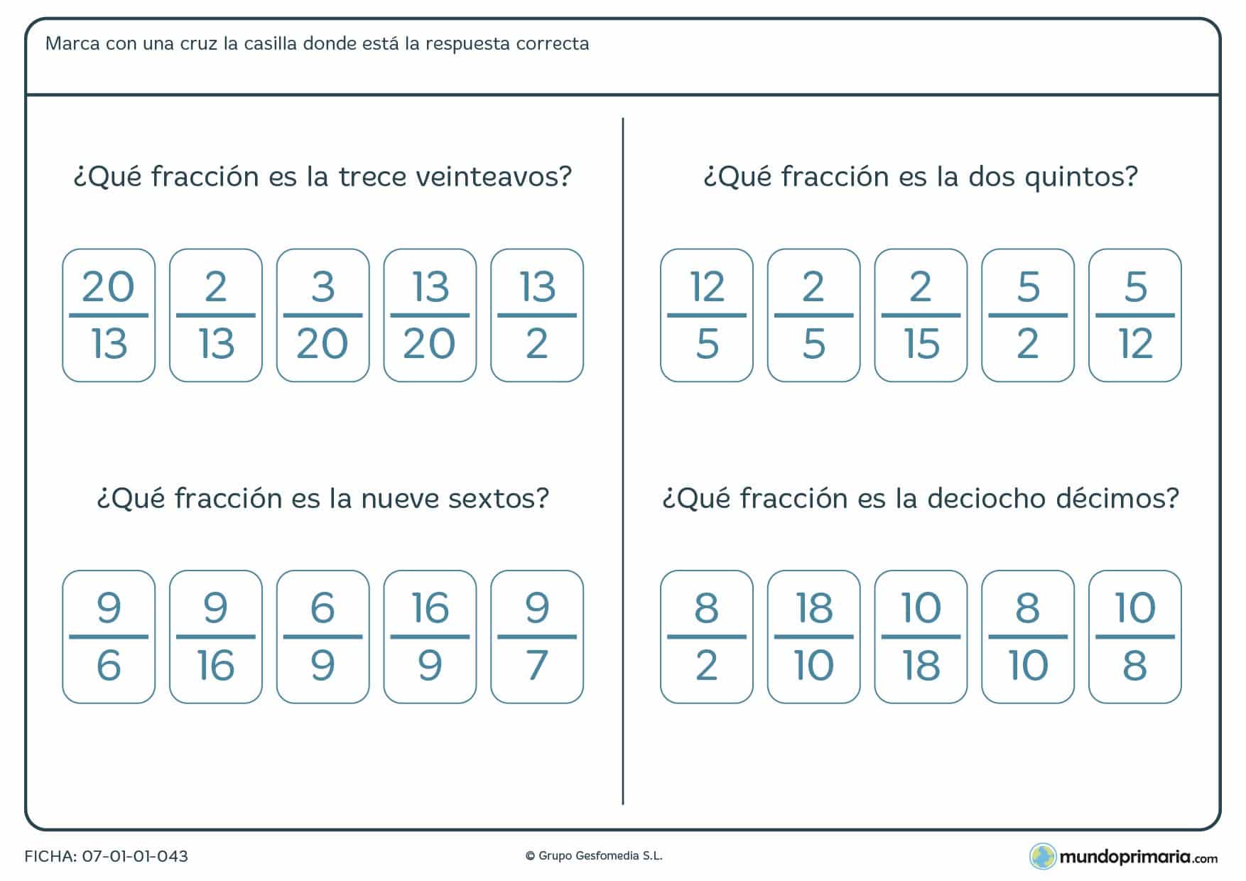 Ficha de encontrar el quebrado correcto para alumnos de Primaria