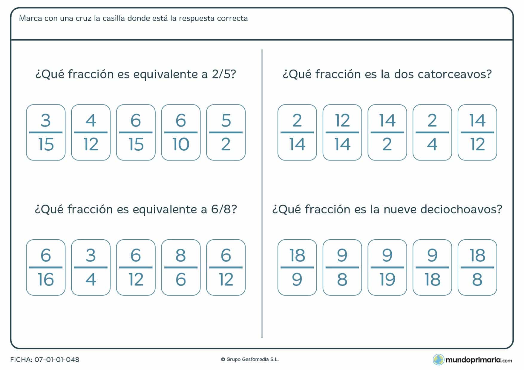 Lámina de equivalencia de fracciones para Primaria y para niños de 5º