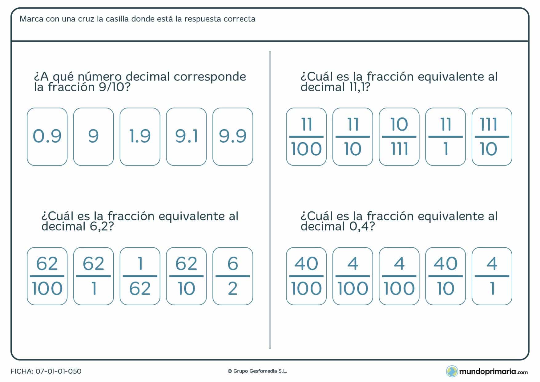 ¿A qué número decimal corresponden estas fracciones? Para Primaria
