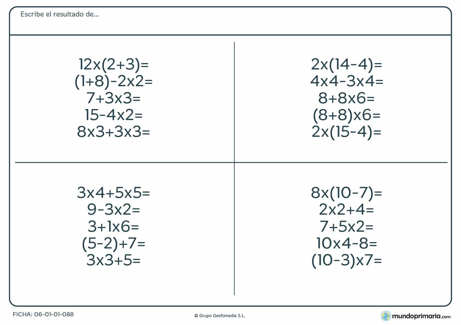 Para niños de primaria deben resolver el resultado de operaciones