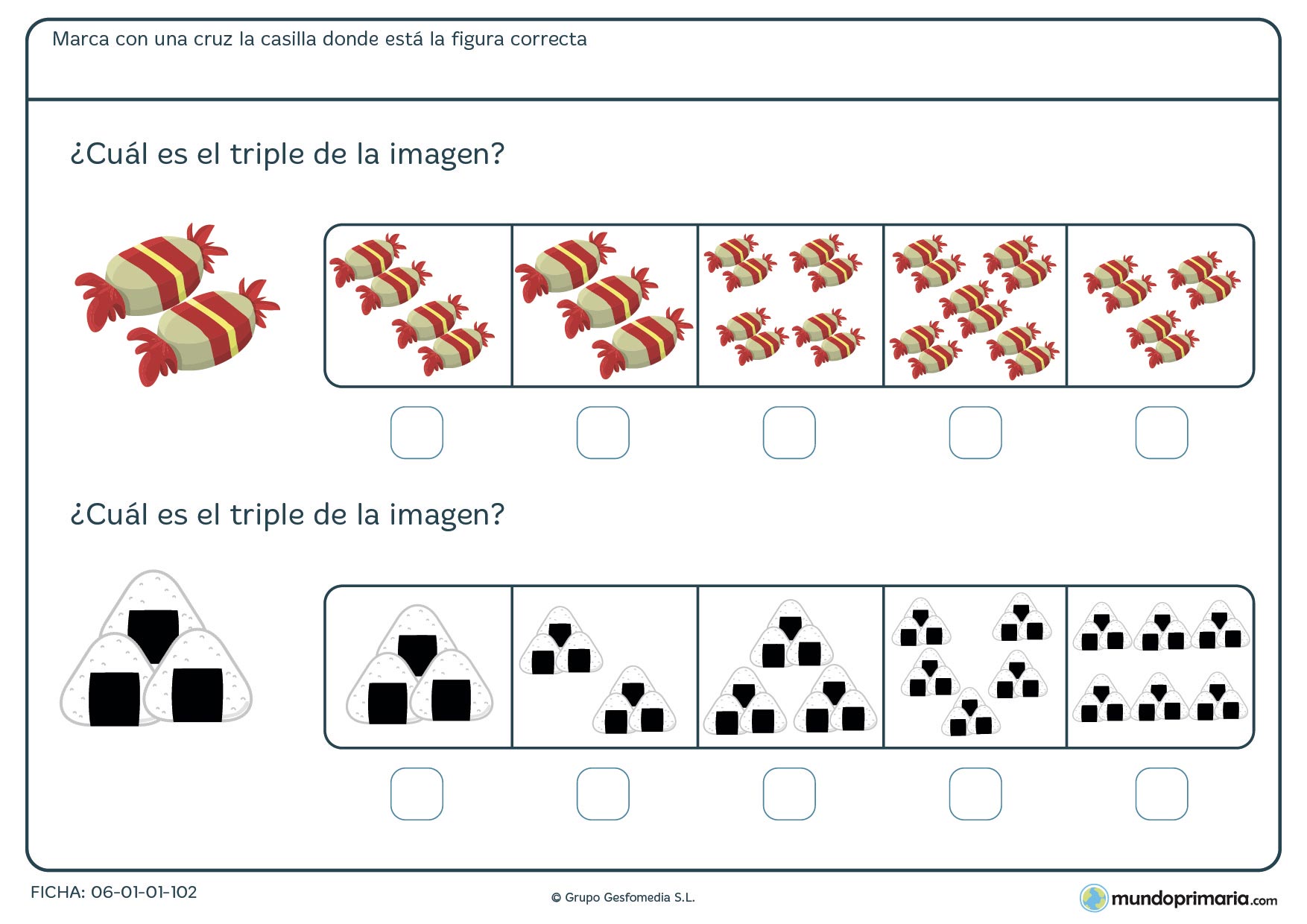 Para niños resolver el triple de caramelos y arroz de los dibujos