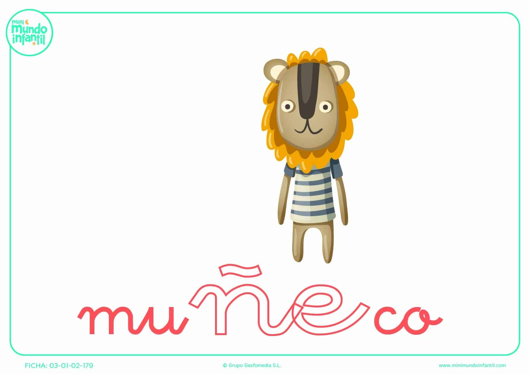 Sílaba ÑE minúscula de muñeco para colorear
