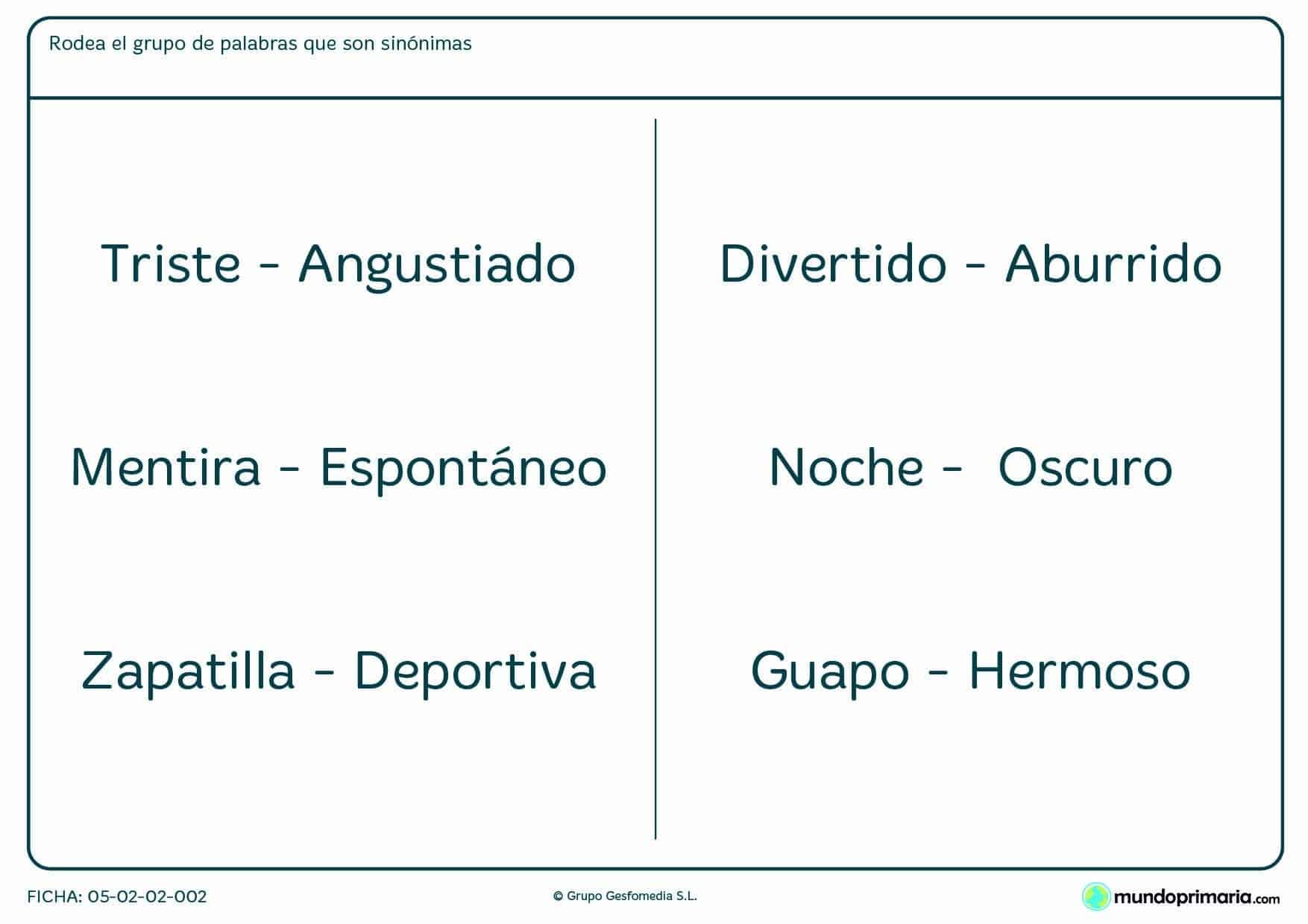 Ficha de palabras con significados similares para niños de primaria