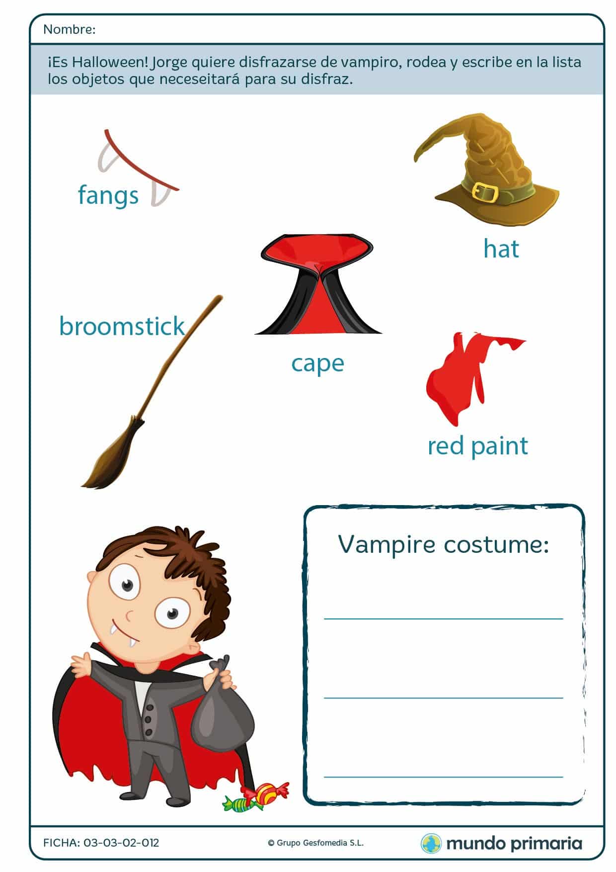 Ficha de inglés sobre las partes del disfraz de vampiro para Primaria