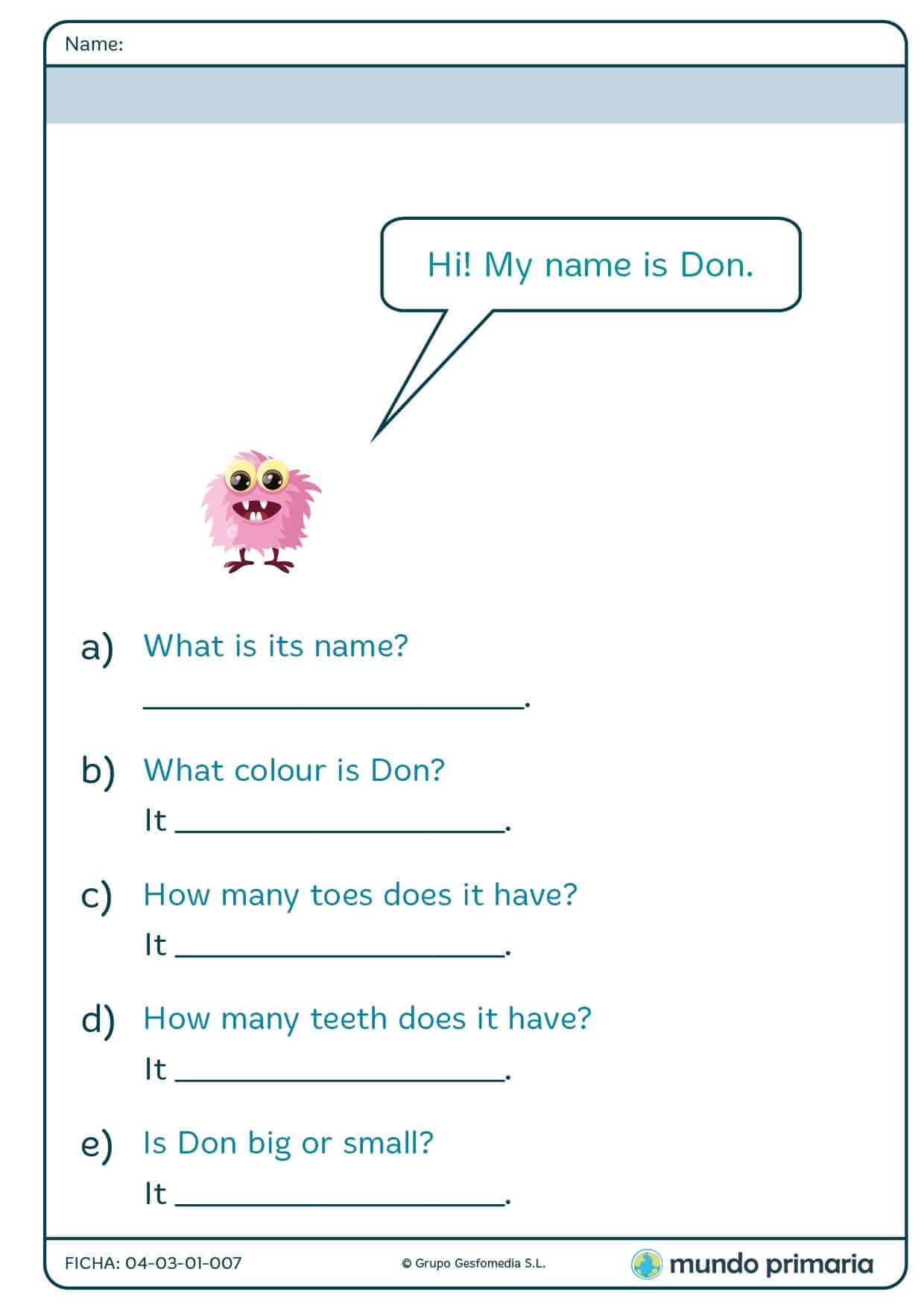 Ficha de contestar a las preguntas sobre el personaje Don en inglés