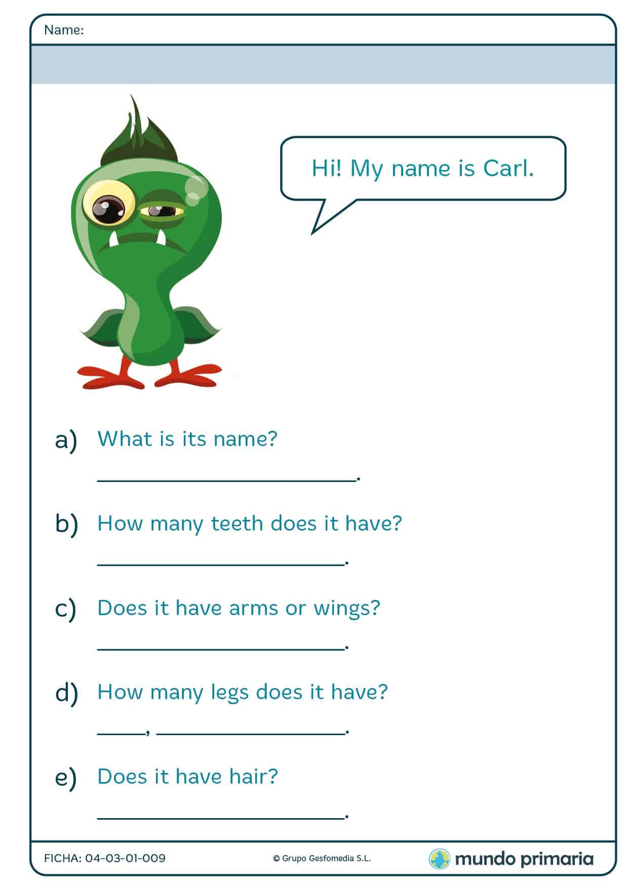Ficha de responder a las cuestiones del animal Carl para Primaria