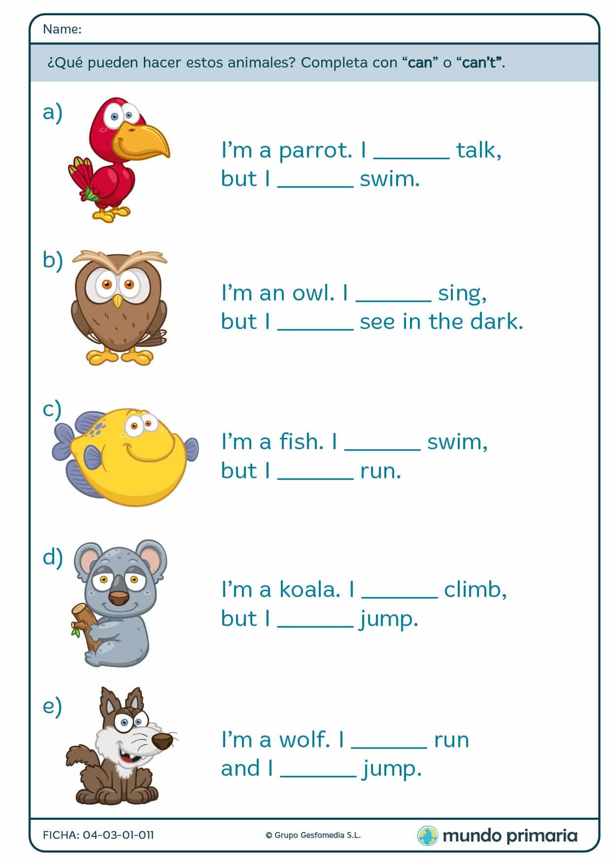 Completa con "can" o "can't" las frases de los animales para Primaria
