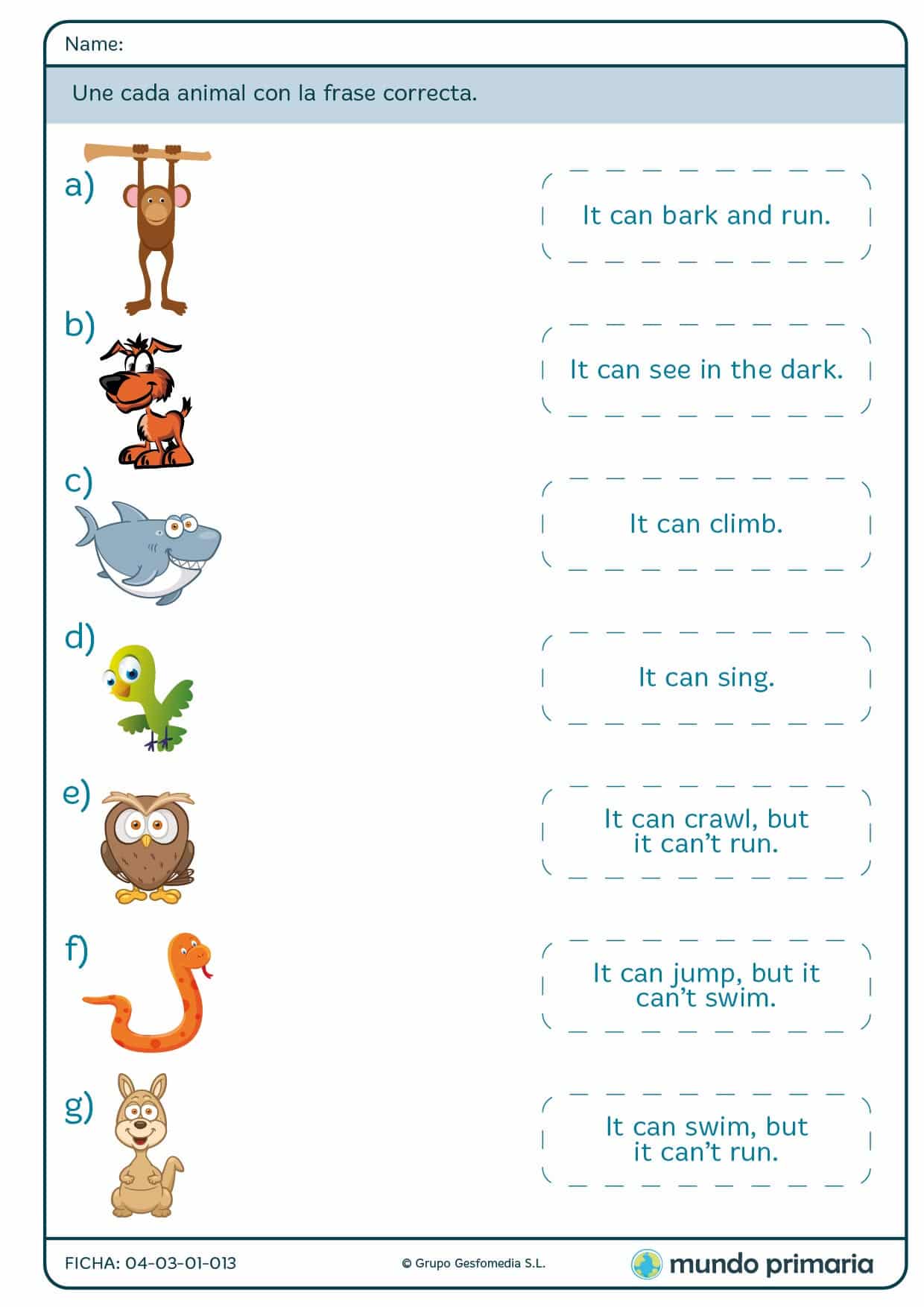 Une cada animal con la frase que encaje en inglés para Primaria