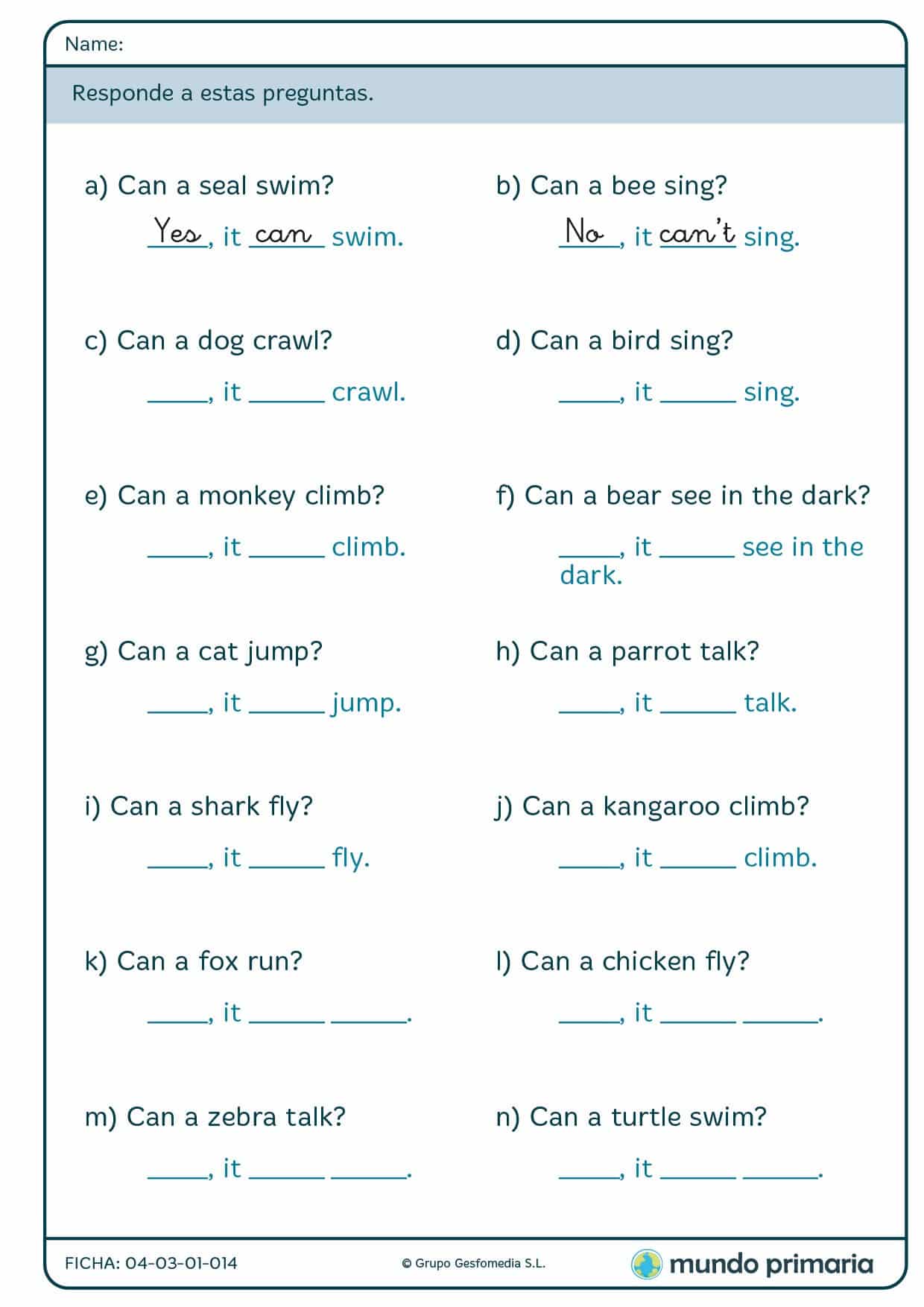 Ficha en la que hay que responder a preguntas sobre animales en inglés